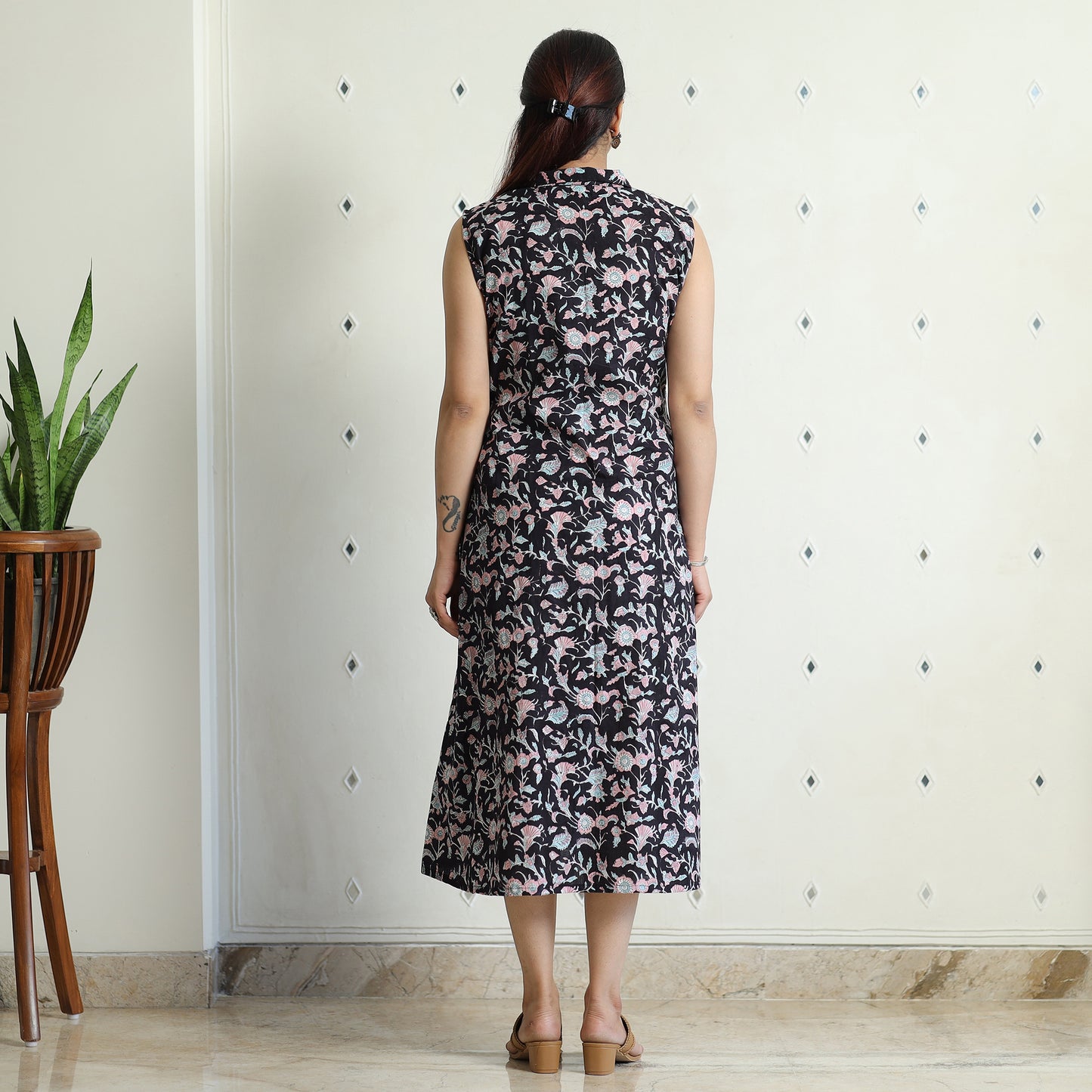 Sanganeri Block Printed Cotton Collared Neck Buttoned Down Dress