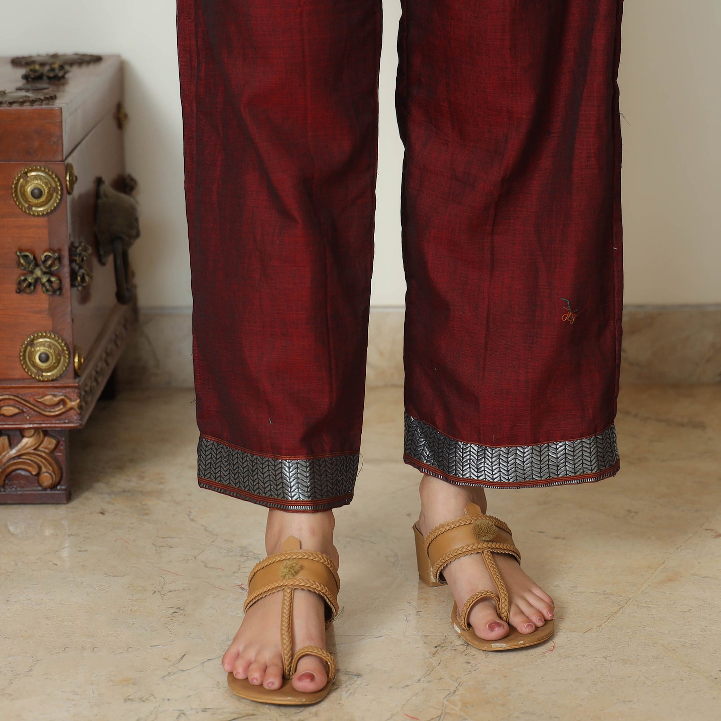 Maroon - Dharwad Cotton Kurta with Palazzo & Dupatta Set 12