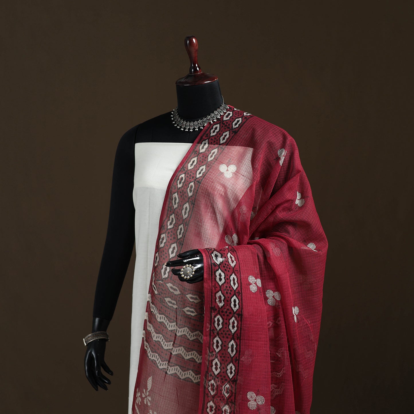 Red - Akola Hand Block Print Natural Dyed Kota Doria Cotton Dupatta 27