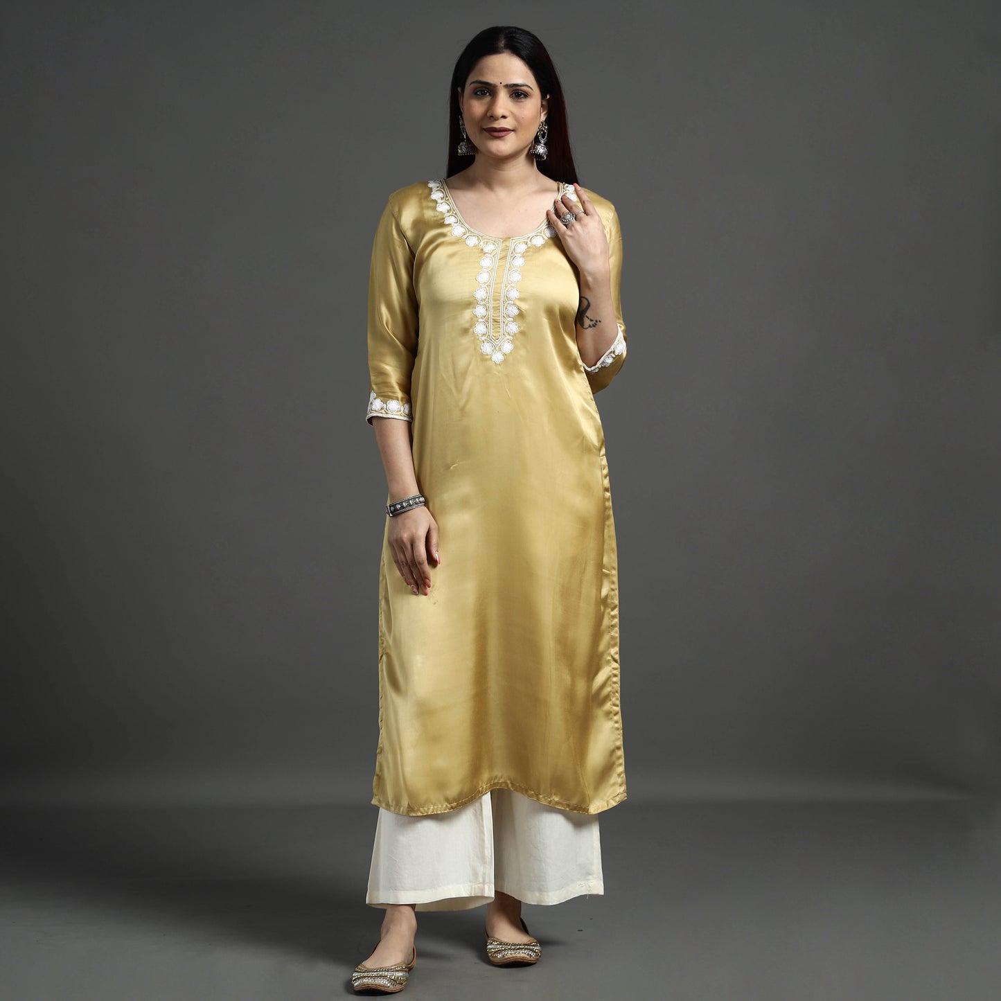 Buy Navy Blue Modal Silk Hand Embroidered Long Kurta l iTokri.com