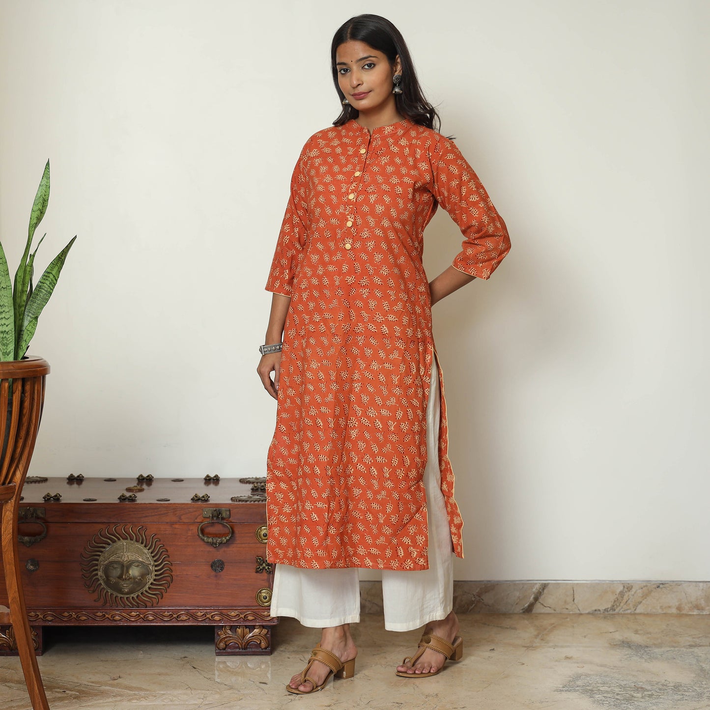 Orange - Pedana Kalamkari Hand Block Printed Cotton Straight Kurta 54