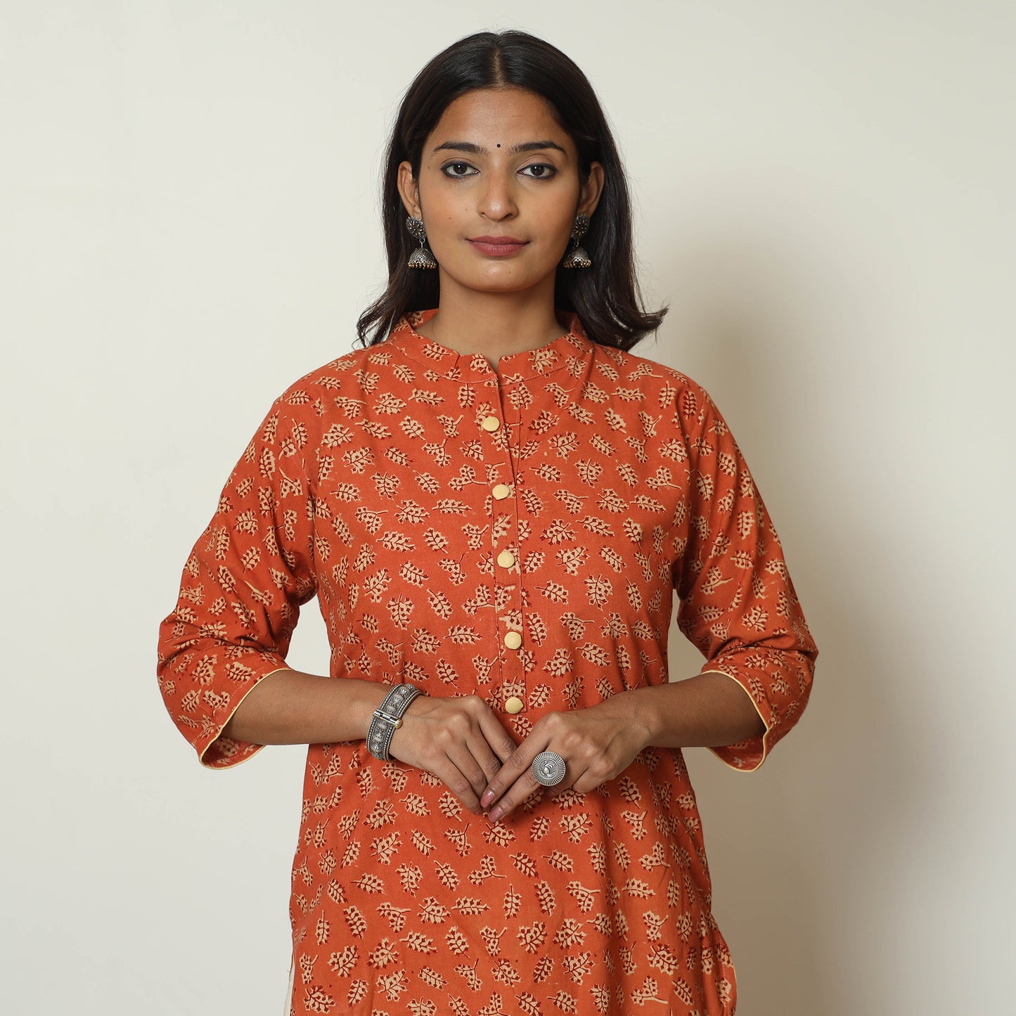 Orange - Pedana Kalamkari Hand Block Printed Cotton Straight Kurta 54