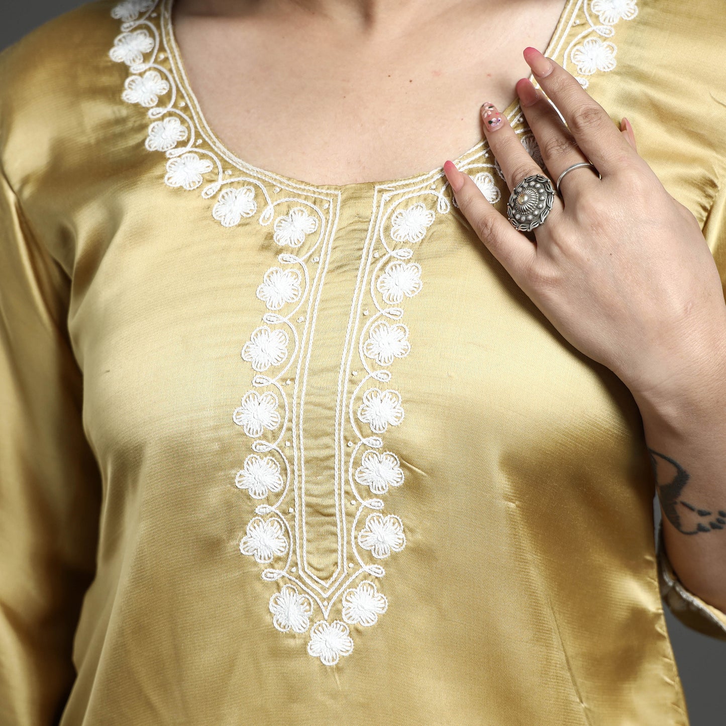 Buy Navy Blue Modal Silk Hand Embroidered Long Kurta l iTokri.com