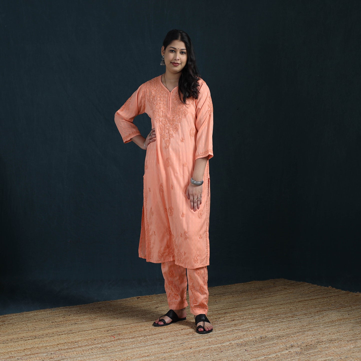 Peach - Hand Embroidered Rayon Cotton Chikankari Kurta with Pant Set for Women 15