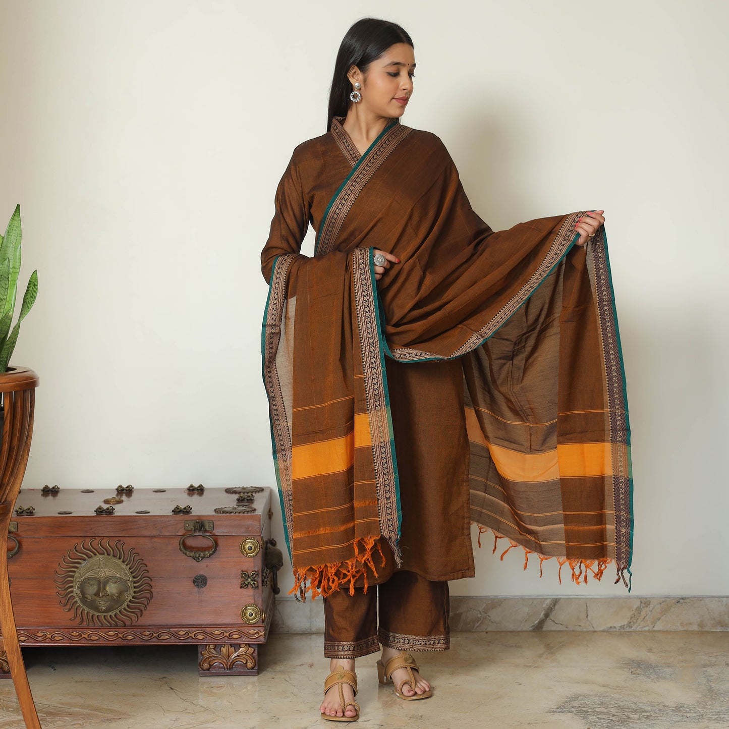 Brown - Dharwad Cotton Kurta with Palazzo & Dupatta Set 04