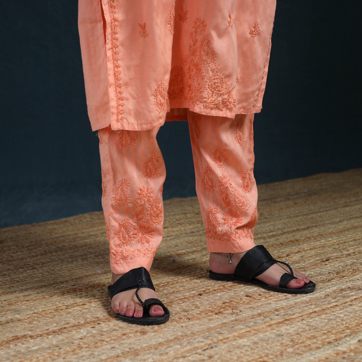 Peach - Hand Embroidered Rayon Cotton Chikankari Kurta with Pant Set for Women 15
