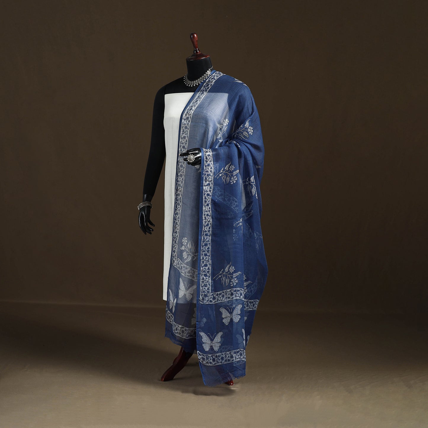 Blue - Akola Hand Block Print Natural Dyed Kota Doria Cotton Dupatta 29