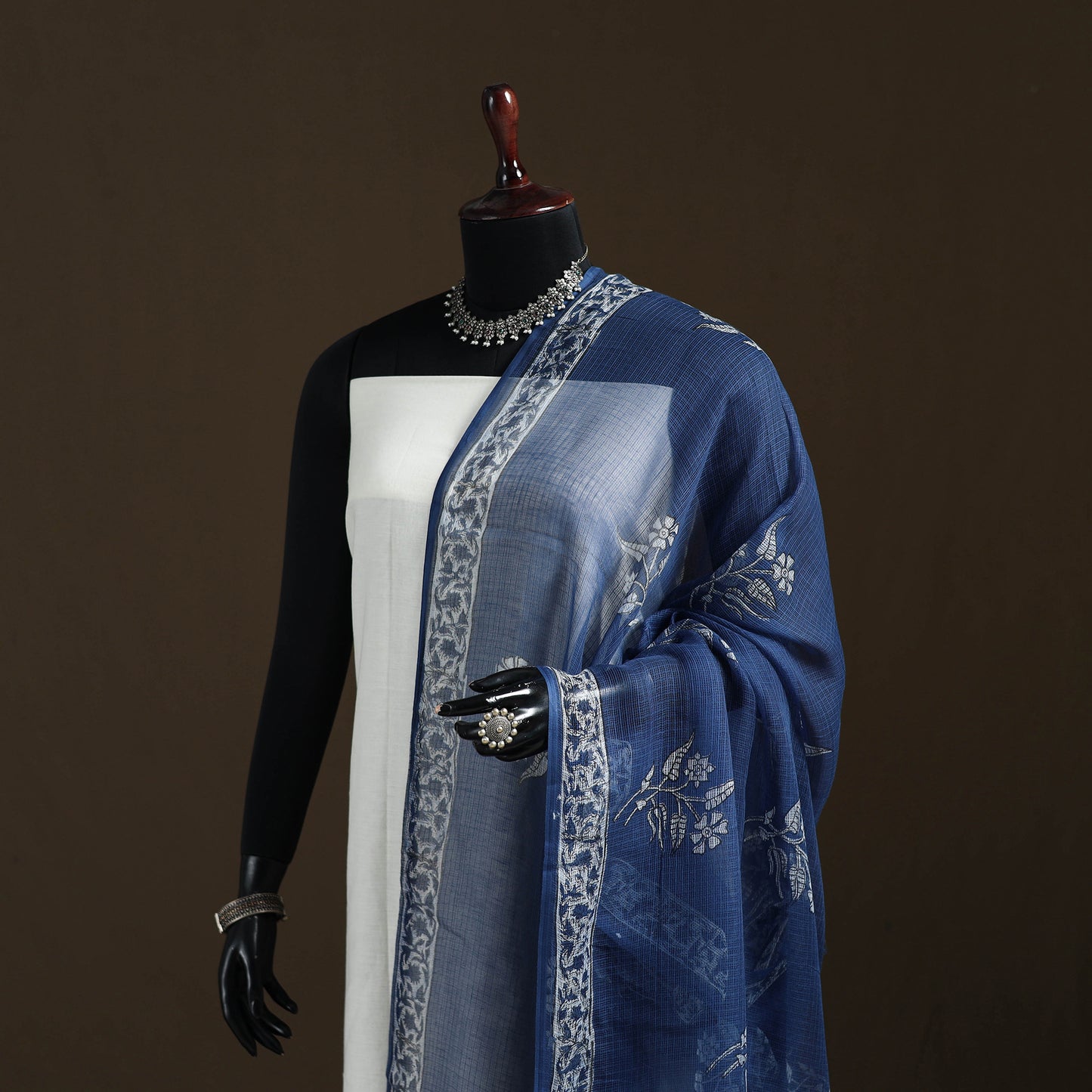 Blue - Akola Hand Block Print Natural Dyed Kota Doria Cotton Dupatta 29