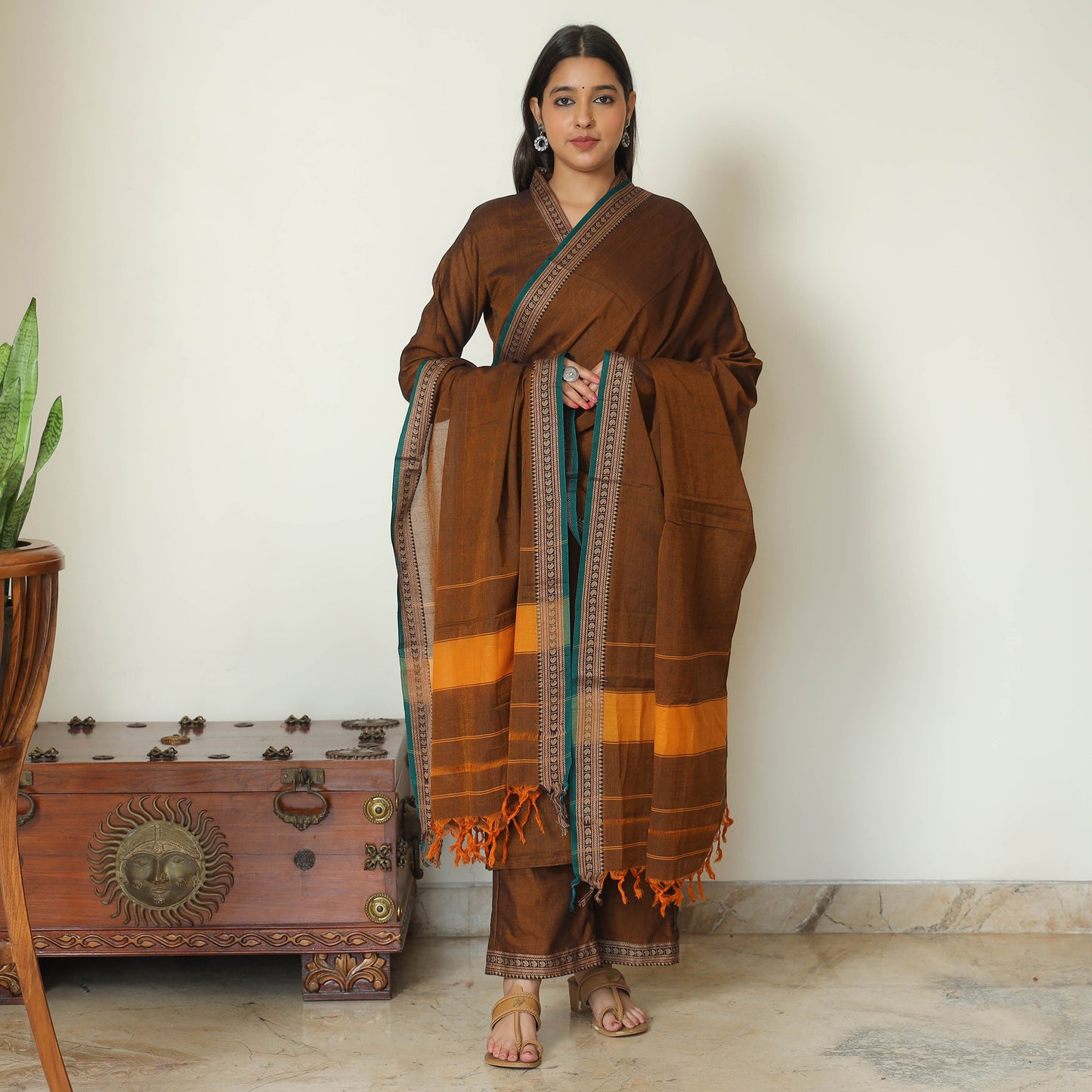 Brown - Dharwad Cotton Kurta with Palazzo & Dupatta Set 04