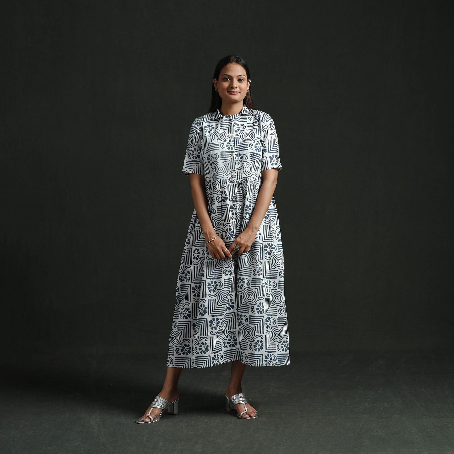 Collared Neck Buttoned Down Flared Cotton Hand Block Batik Print Dress 02