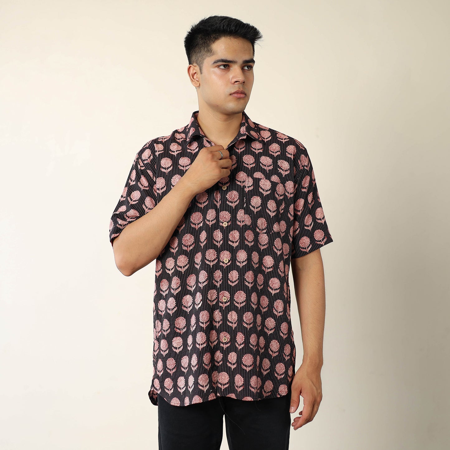 Black Bagh Prints Kantha Cotton Men Half Sleeve Shirt