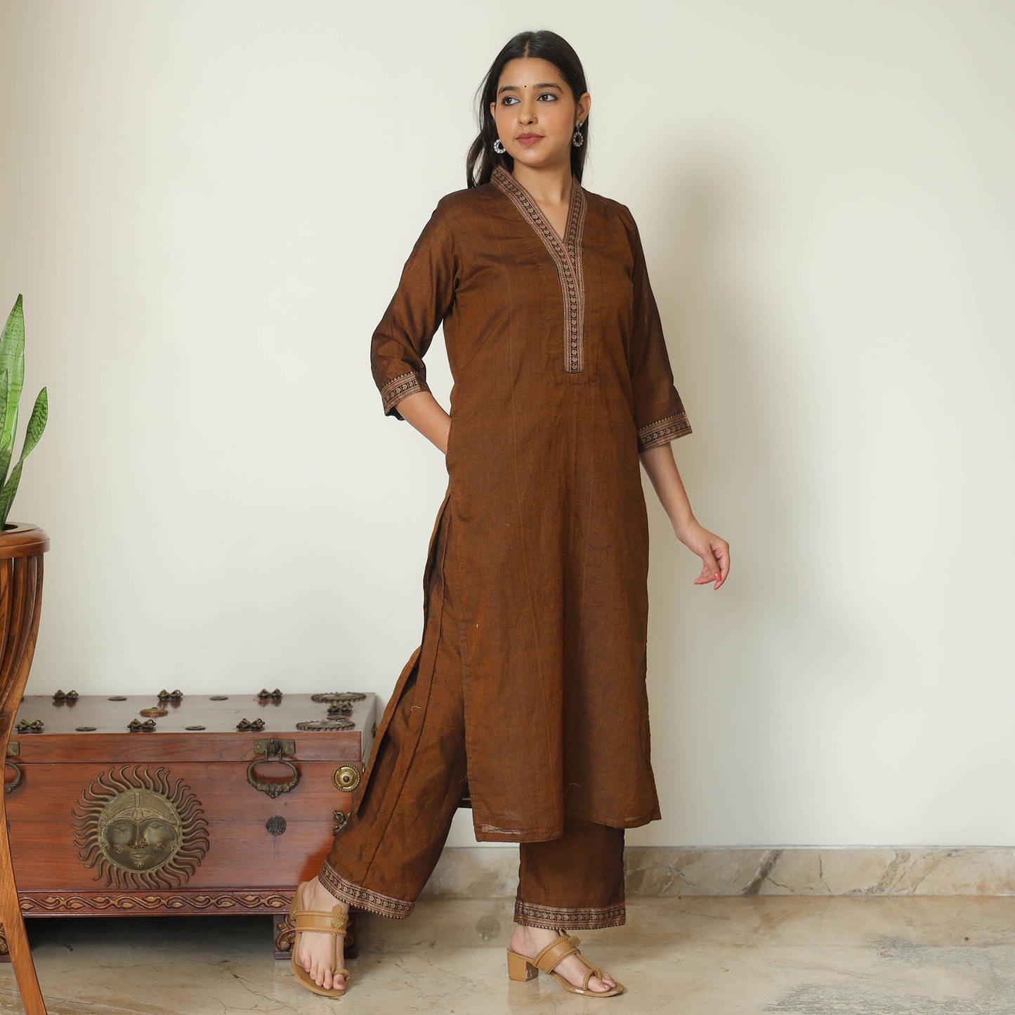 Brown - Dharwad Cotton Kurta with Palazzo & Dupatta Set 04