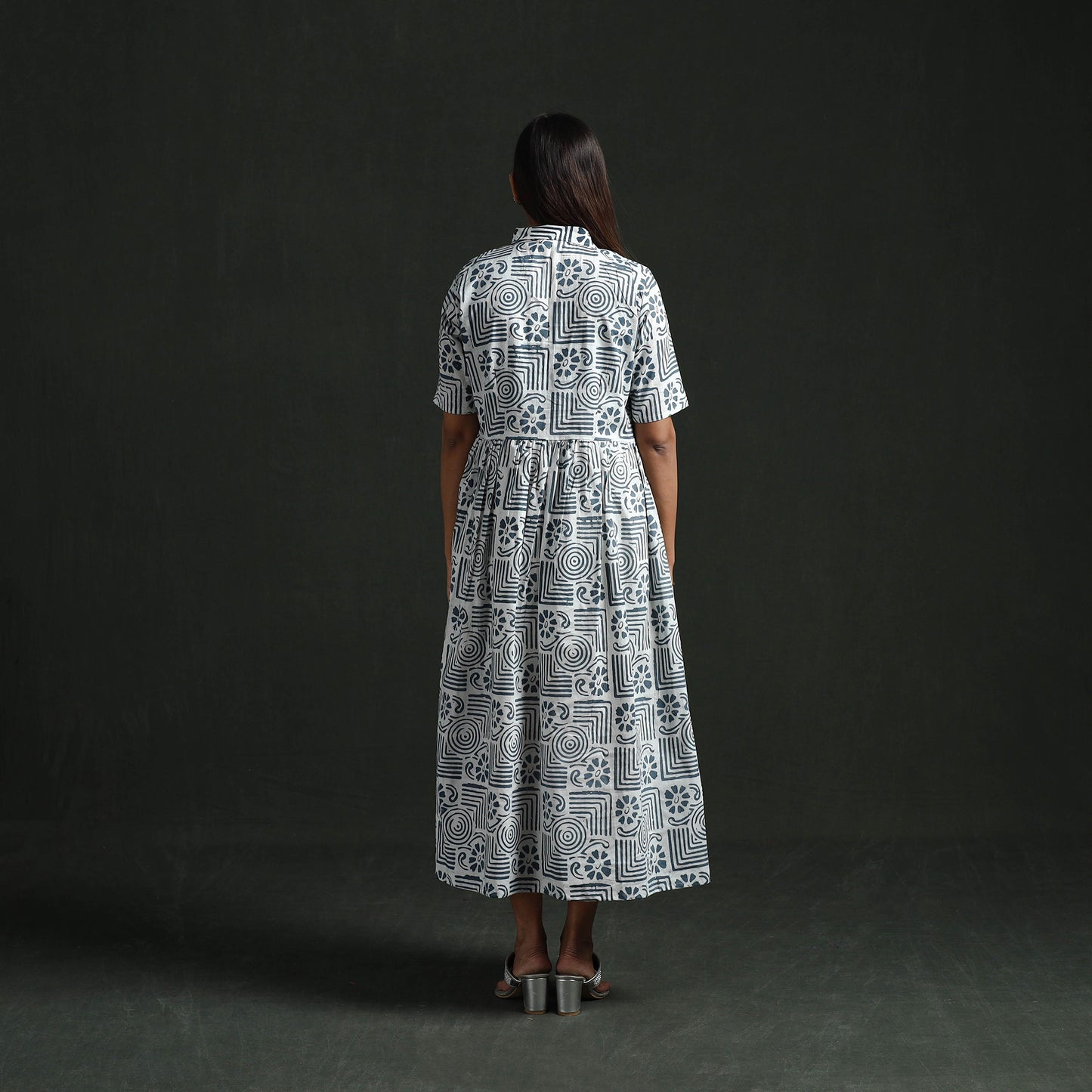 Collared Neck Buttoned Down Flared Cotton Hand Block Batik Print Dress 02