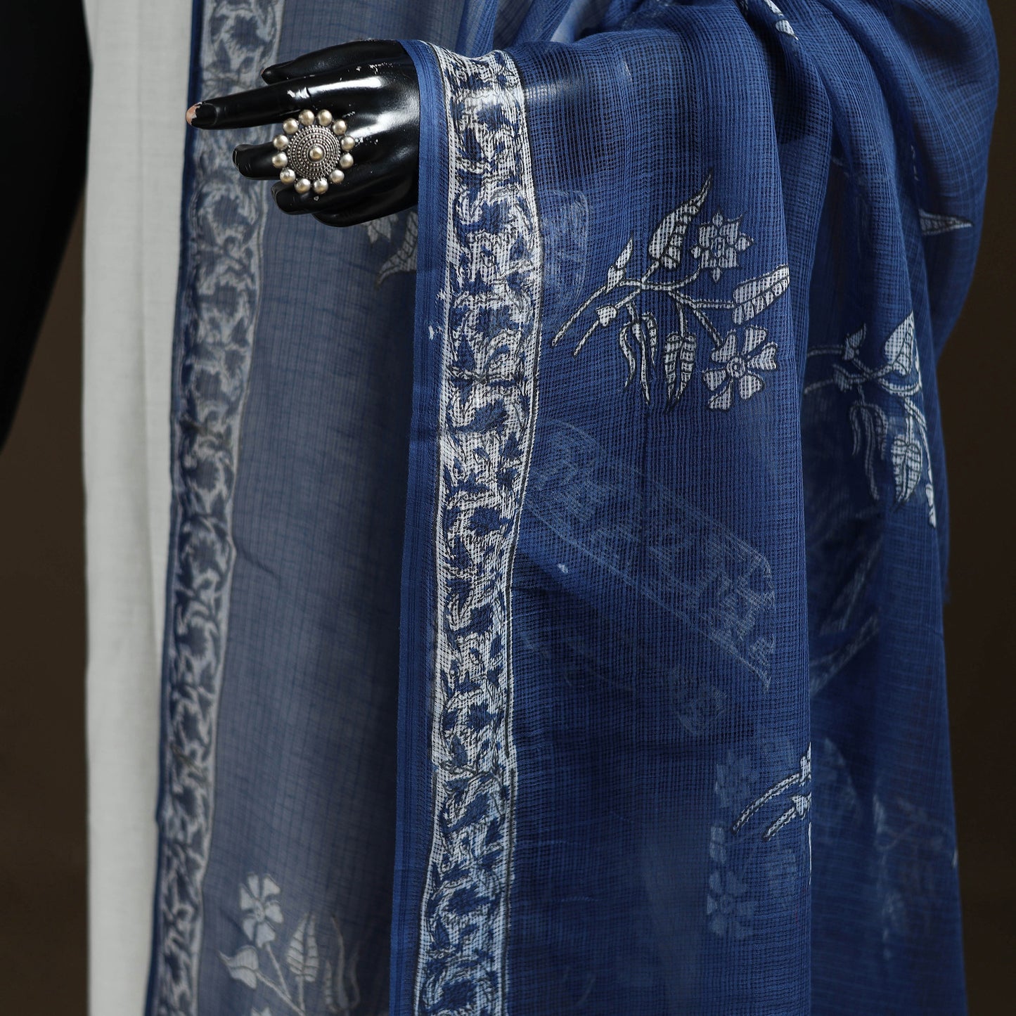 Blue - Akola Hand Block Print Natural Dyed Kota Doria Cotton Dupatta 29