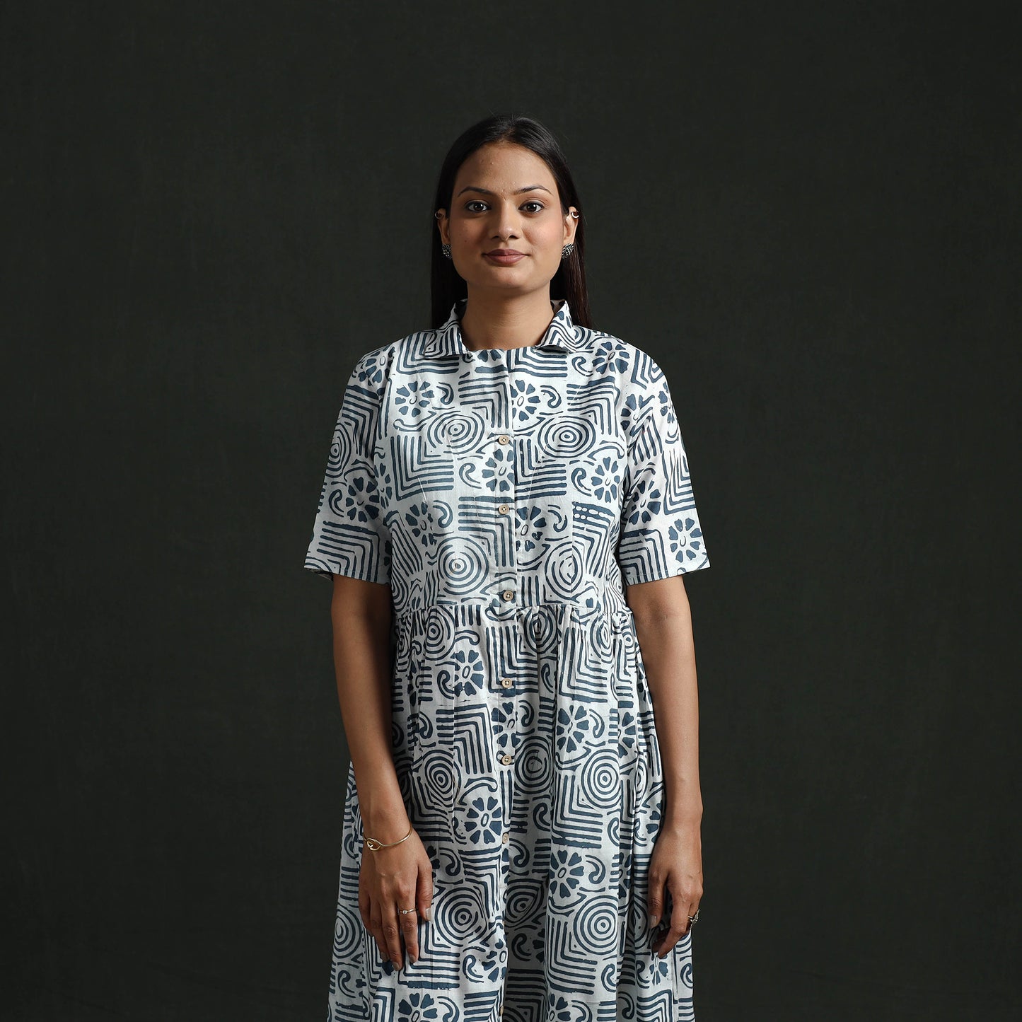 Collared Neck Buttoned Down Flared Cotton Hand Block Batik Print Dress 02