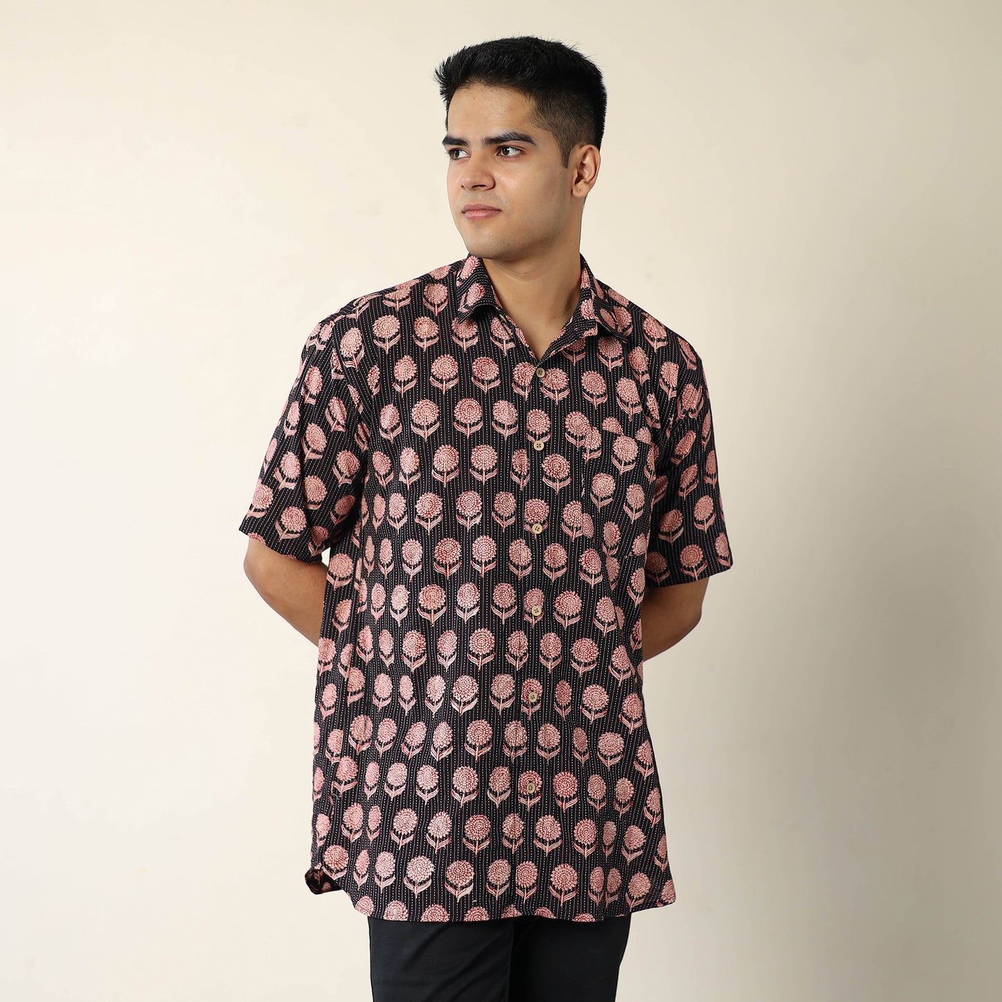Black Bagh Prints Kantha Cotton Men Half Sleeve Shirt