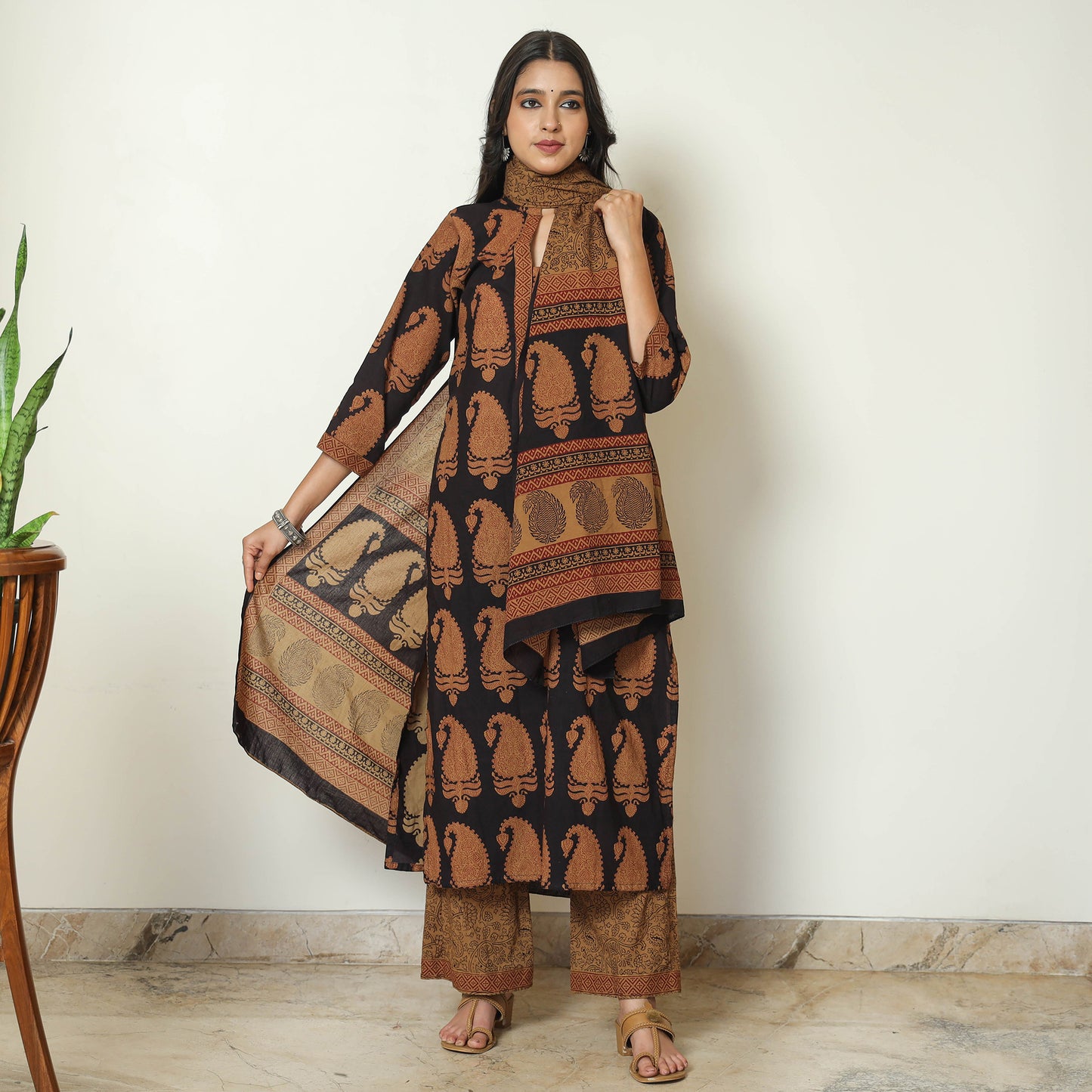 Black - Bagh Block Printed Cotton Kurta with Palazzo & Dupatta Set 06