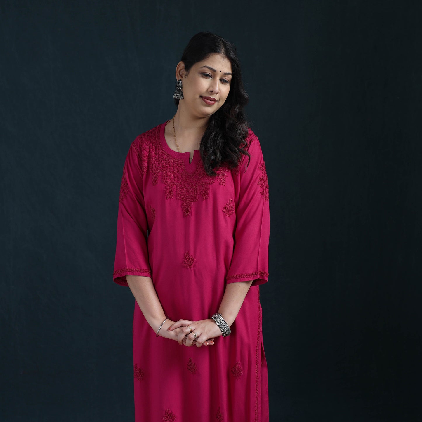 Pink - Hand Embroidered Rayon Chikankari Kurta with Pant Set for Women 03