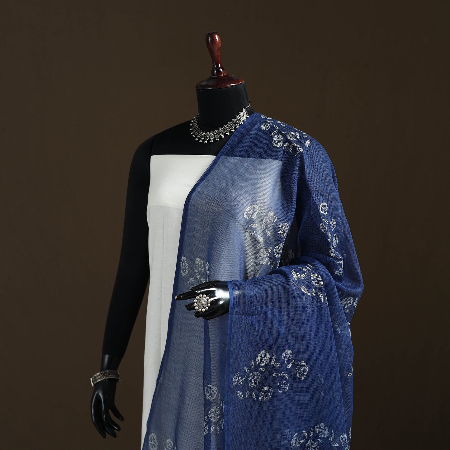 Blue - Akola Hand Block Print Natural Dyed Kota Doria Cotton Dupatta 30