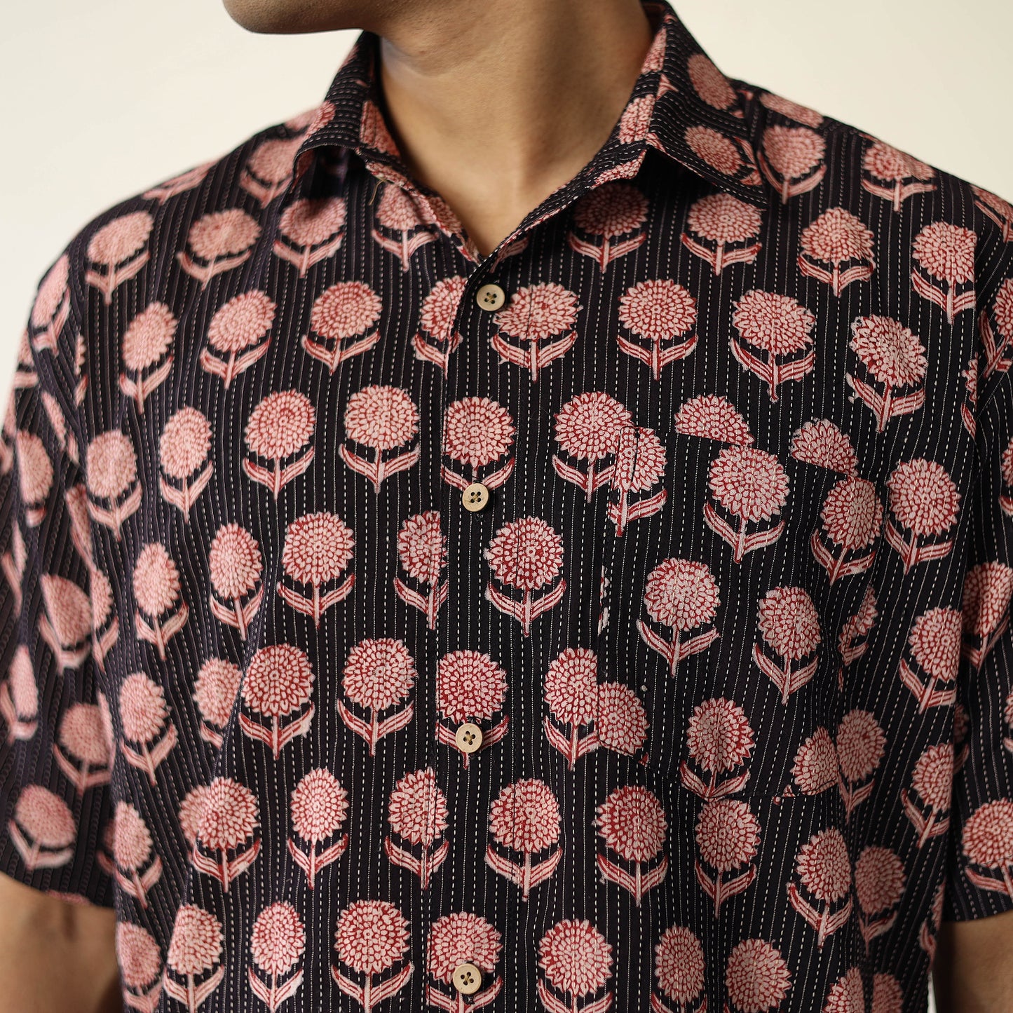 Black Bagh Prints Kantha Cotton Men Half Sleeve Shirt