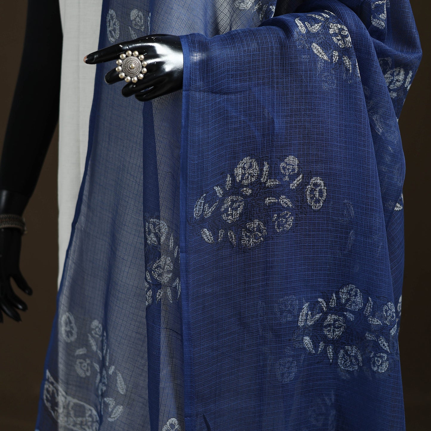 Blue - Akola Hand Block Print Natural Dyed Kota Doria Cotton Dupatta 30