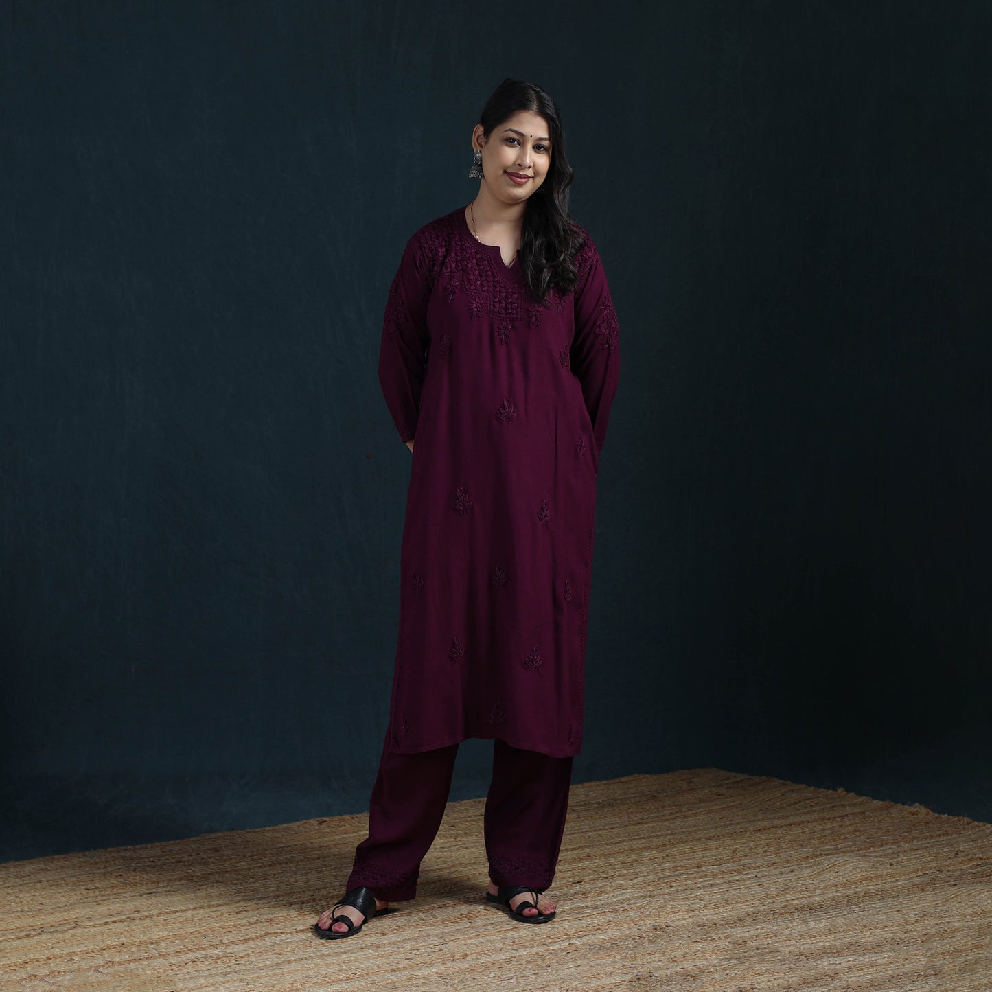 Purple - Hand Embroidered Rayon Chikankari Kurta with Pant Set for Women 02