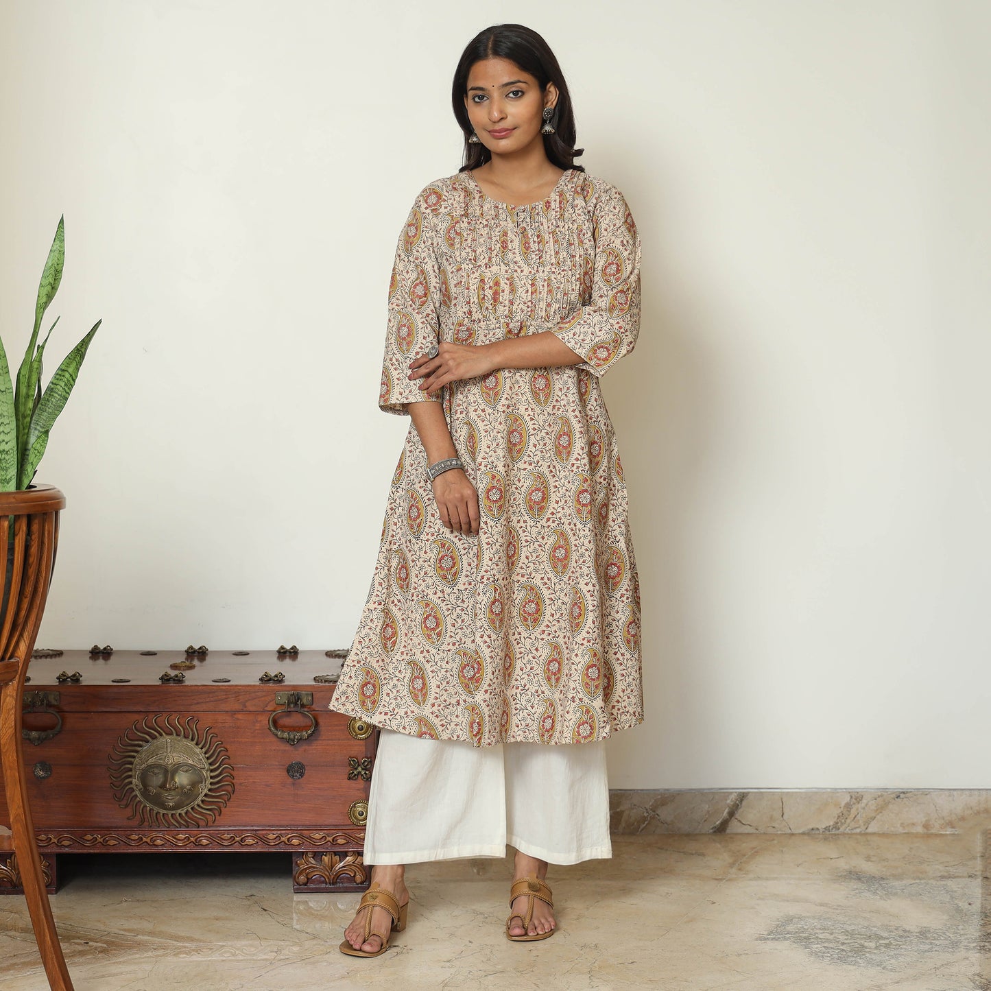 Pedana Kalamkari Block Print Cotton Pintuck Kurta For Women