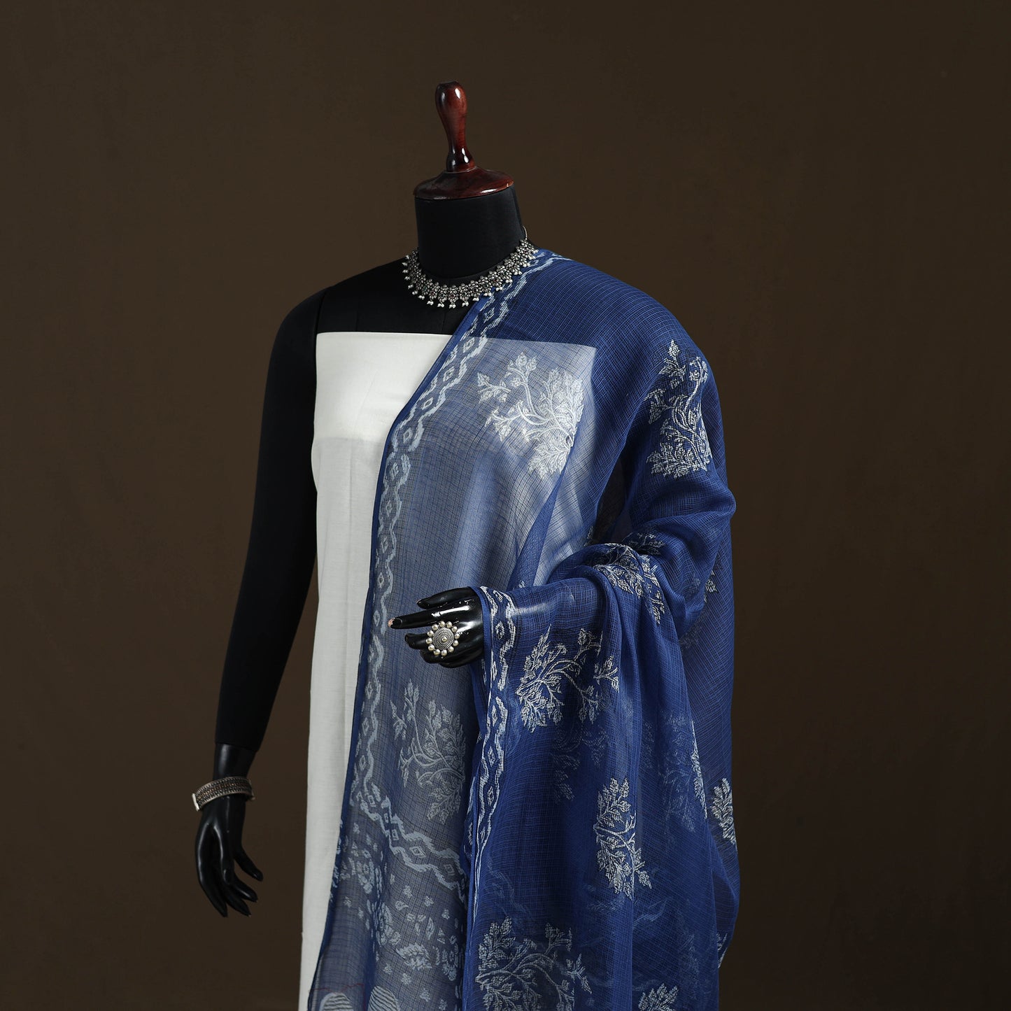Blue - Akola Hand Block Print Natural Dyed Kota Doria Cotton Dupatta 32