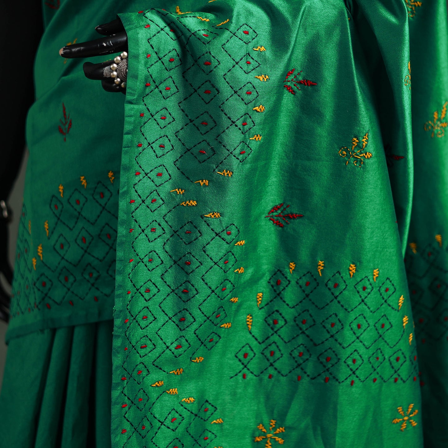 Green - Bengal Nakshi Kantha Hand Embroidered Silk Saree 42