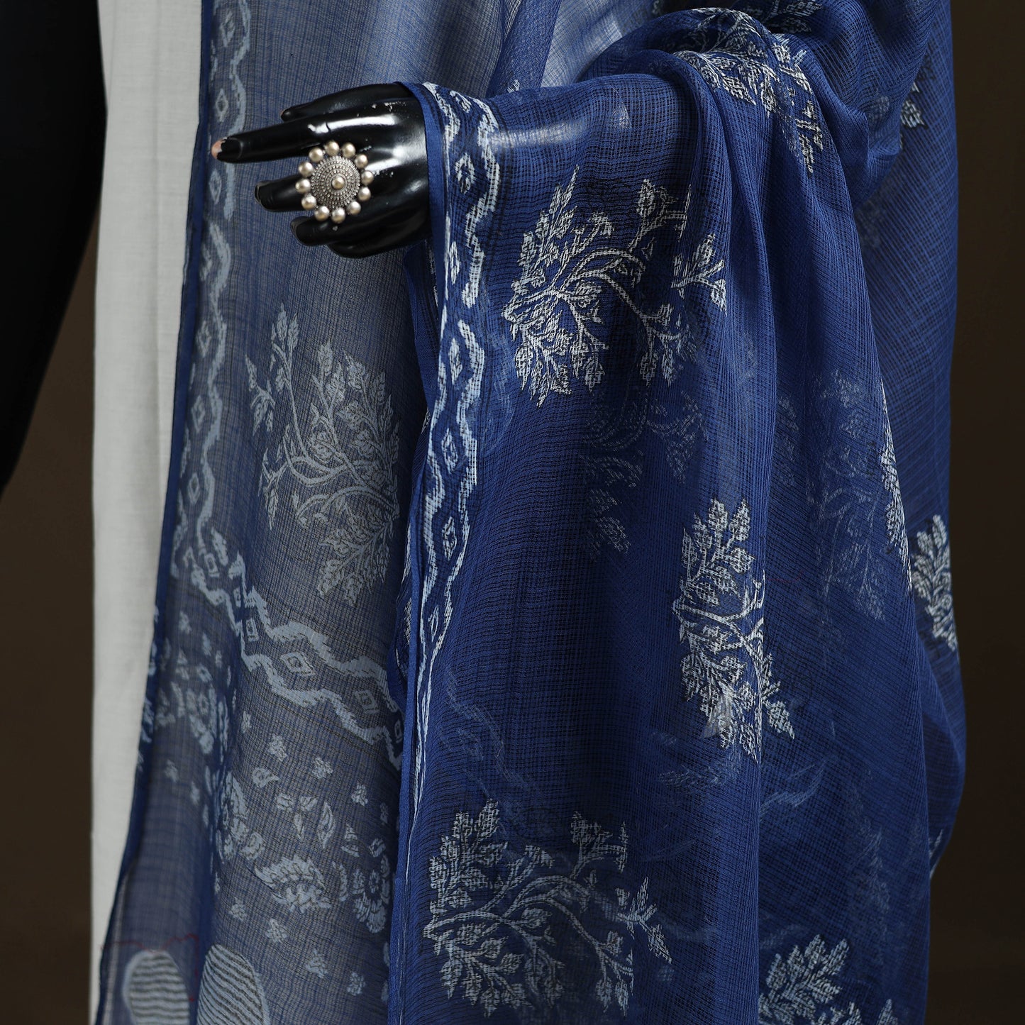 Blue - Akola Hand Block Print Natural Dyed Kota Doria Cotton Dupatta 32