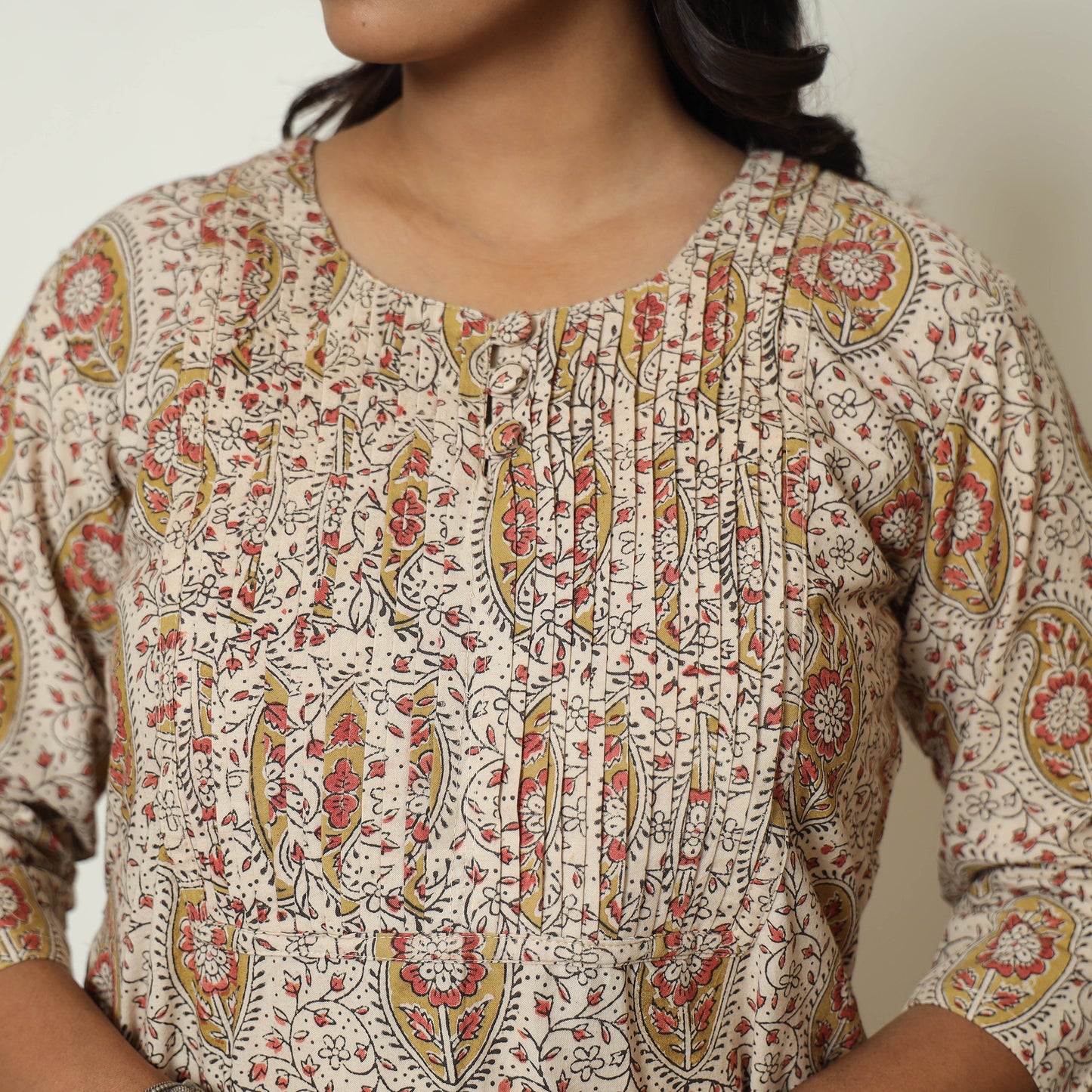 Pedana Kalamkari Block Print Cotton Pintuck Kurta For Women
