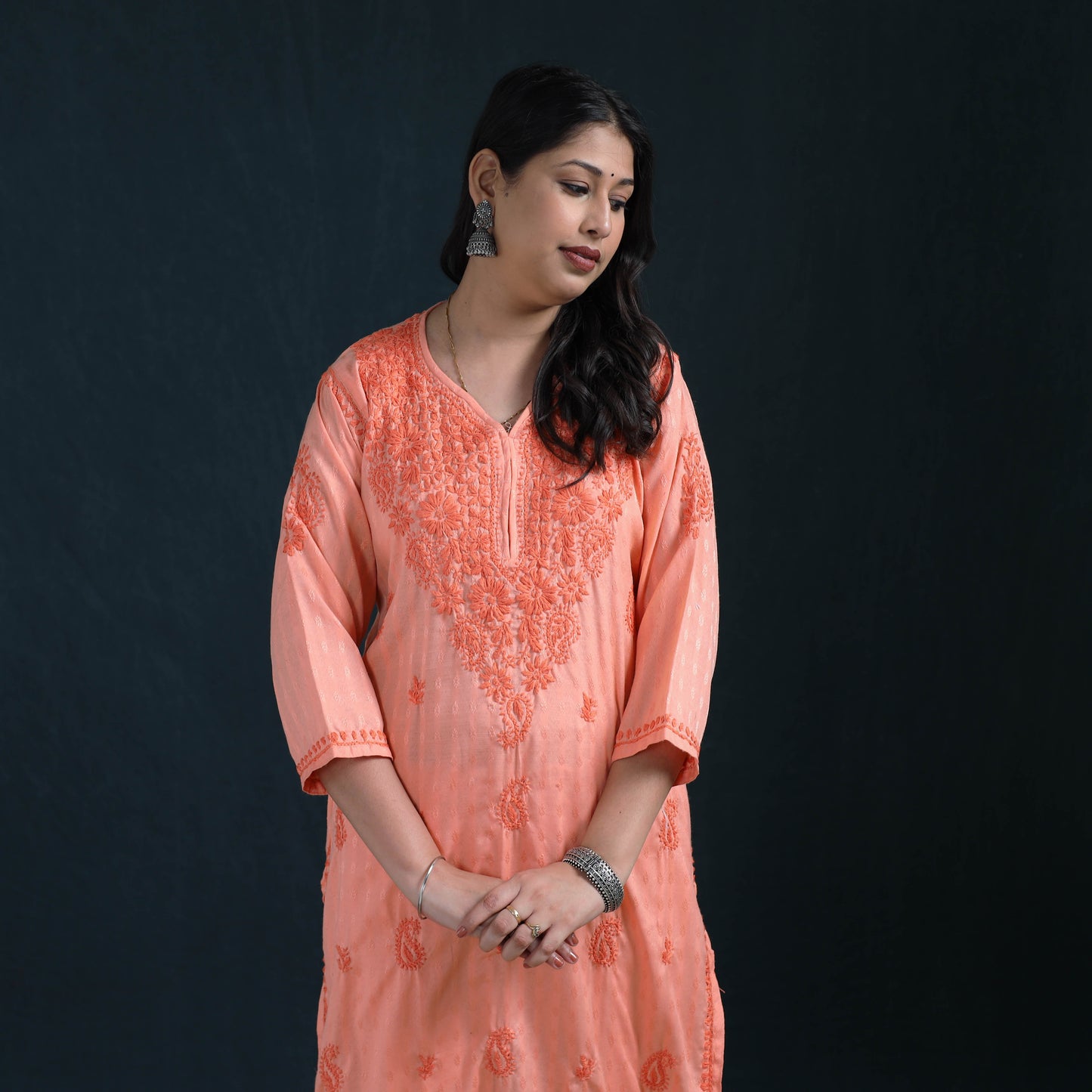Peach - Hand Embroidered Rayon Cotton Chikankari Kurta with Pant Set for Women 14
