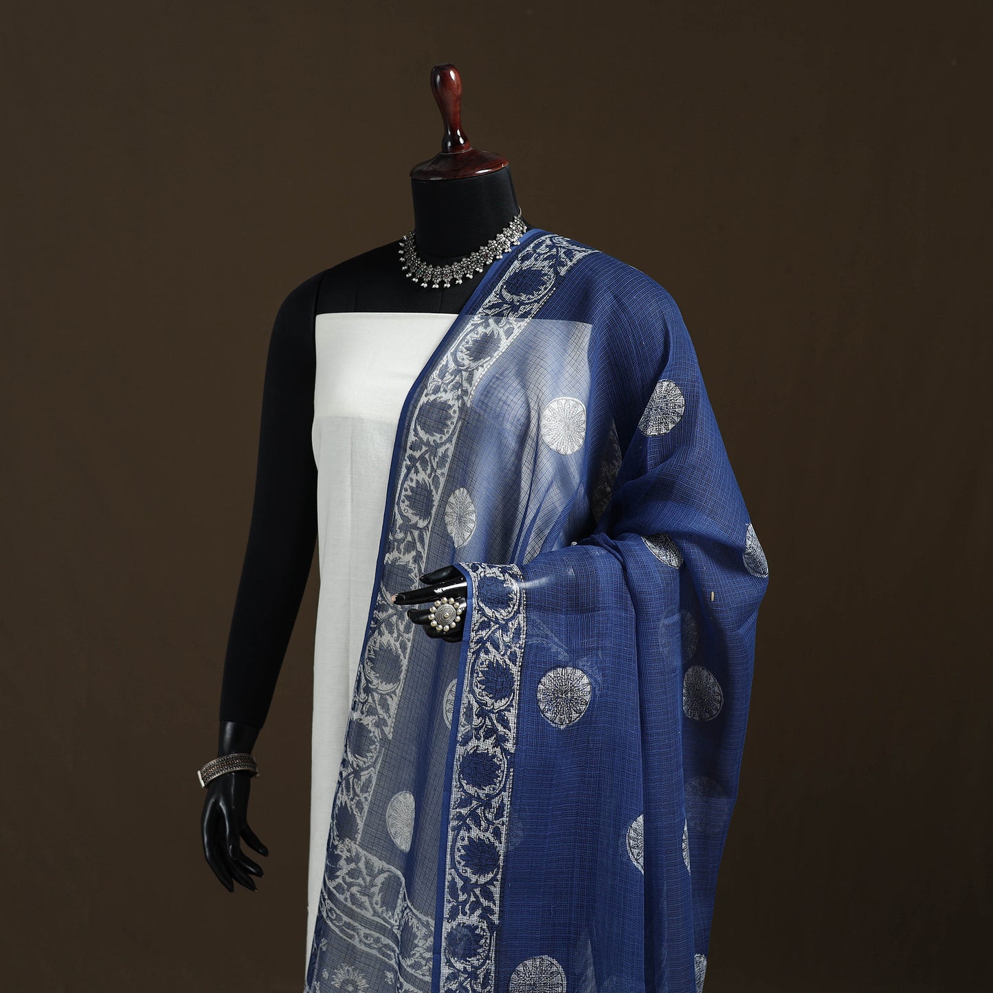 Blue - Akola Hand Block Print Natural Dyed Kota Doria Cotton Dupatta 33