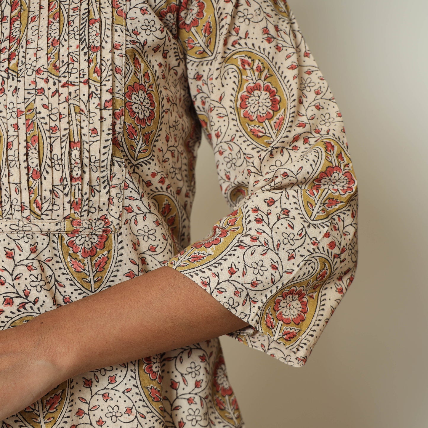 Pedana Kalamkari Block Print Cotton Pintuck Kurta For Women
