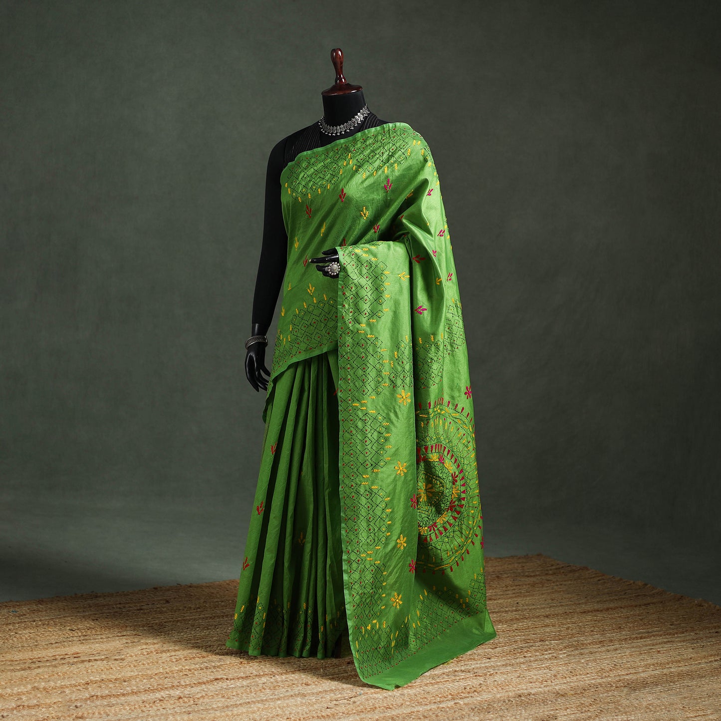 Green - Bengal Nakshi Kantha Hand Embroidered Silk Saree 43