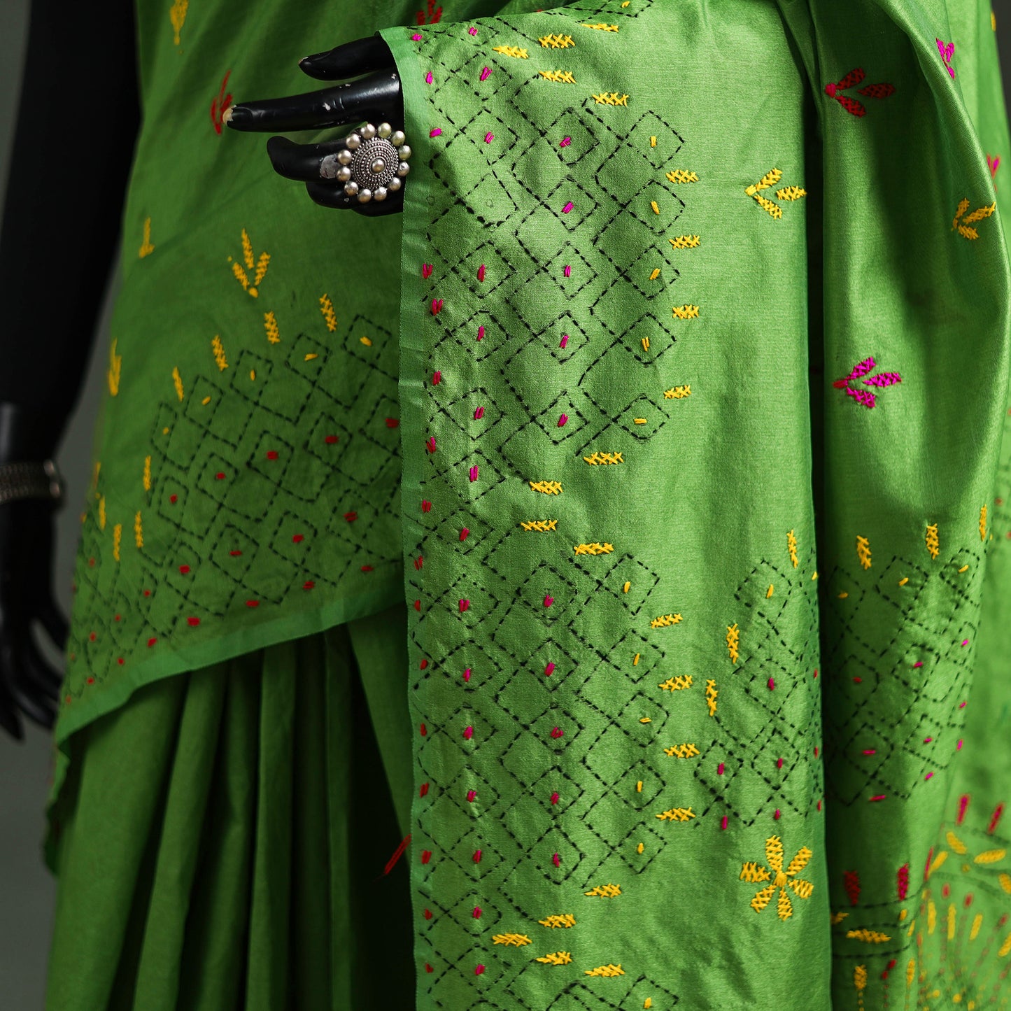 Green - Bengal Nakshi Kantha Hand Embroidered Silk Saree 43