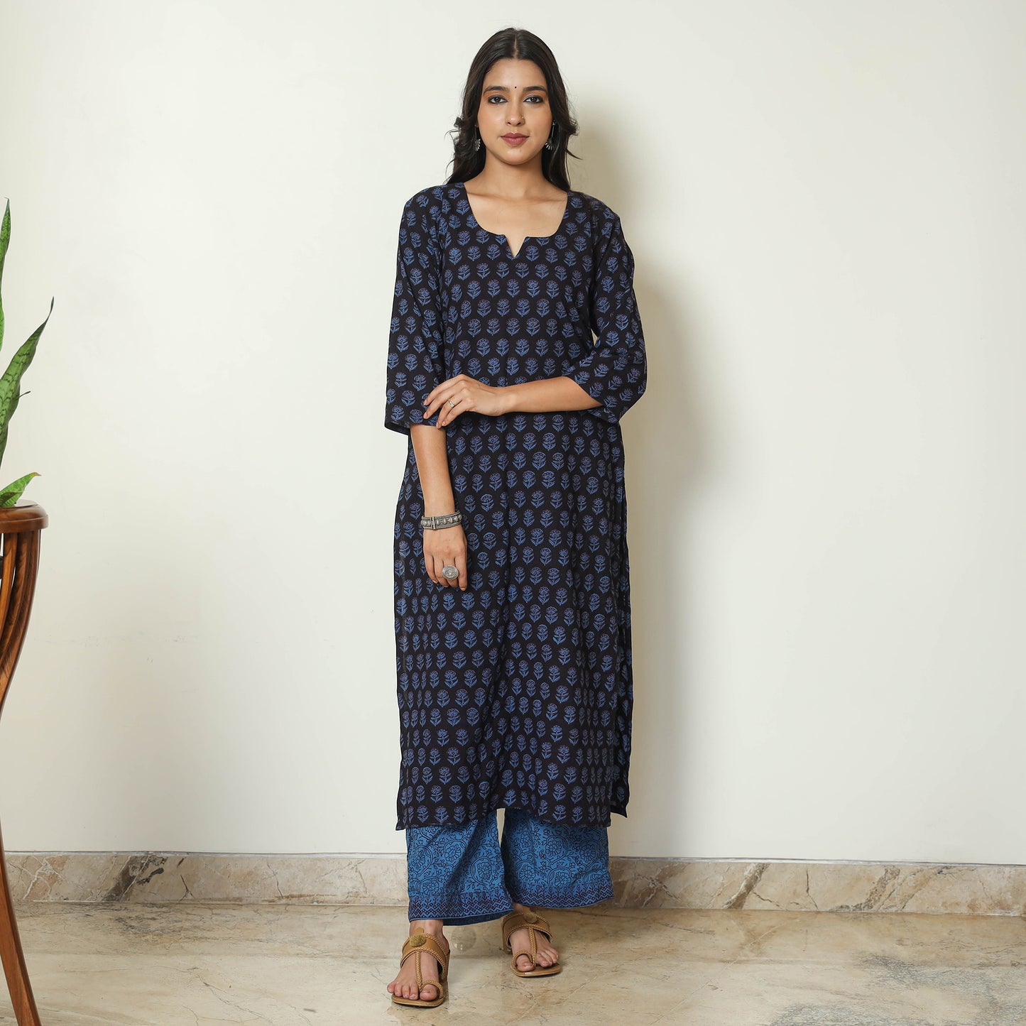 Blue - Bagh Block Printed Cotton Kurta with Palazzo & Dupatta Set 19