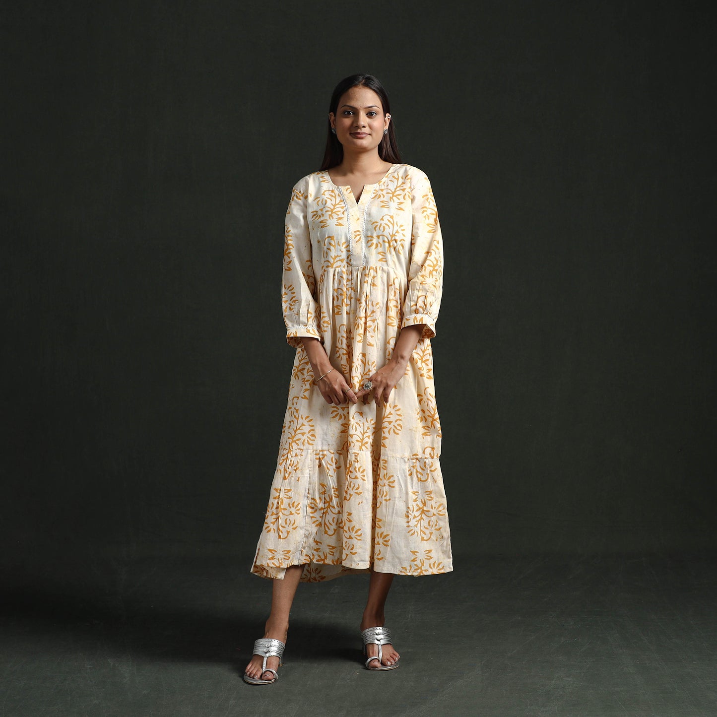 Tiered Flared Lace Work Cotton Hand Block Batik Print Dress 14