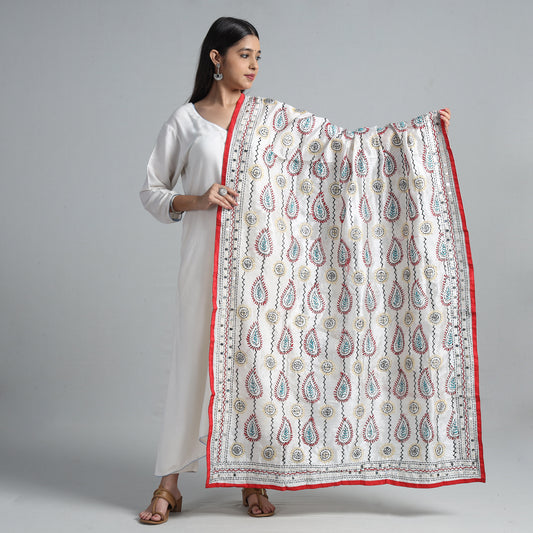 White - Ranihati Chanderi Silk Chapa Work Phulkari Embroidered Dupatta 02