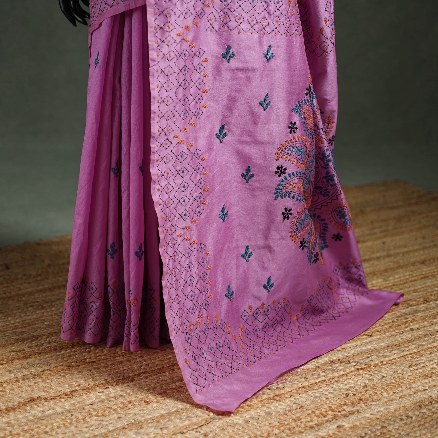 Purple - Bengal Nakshi Kantha Hand Embroidered Silk Saree 44