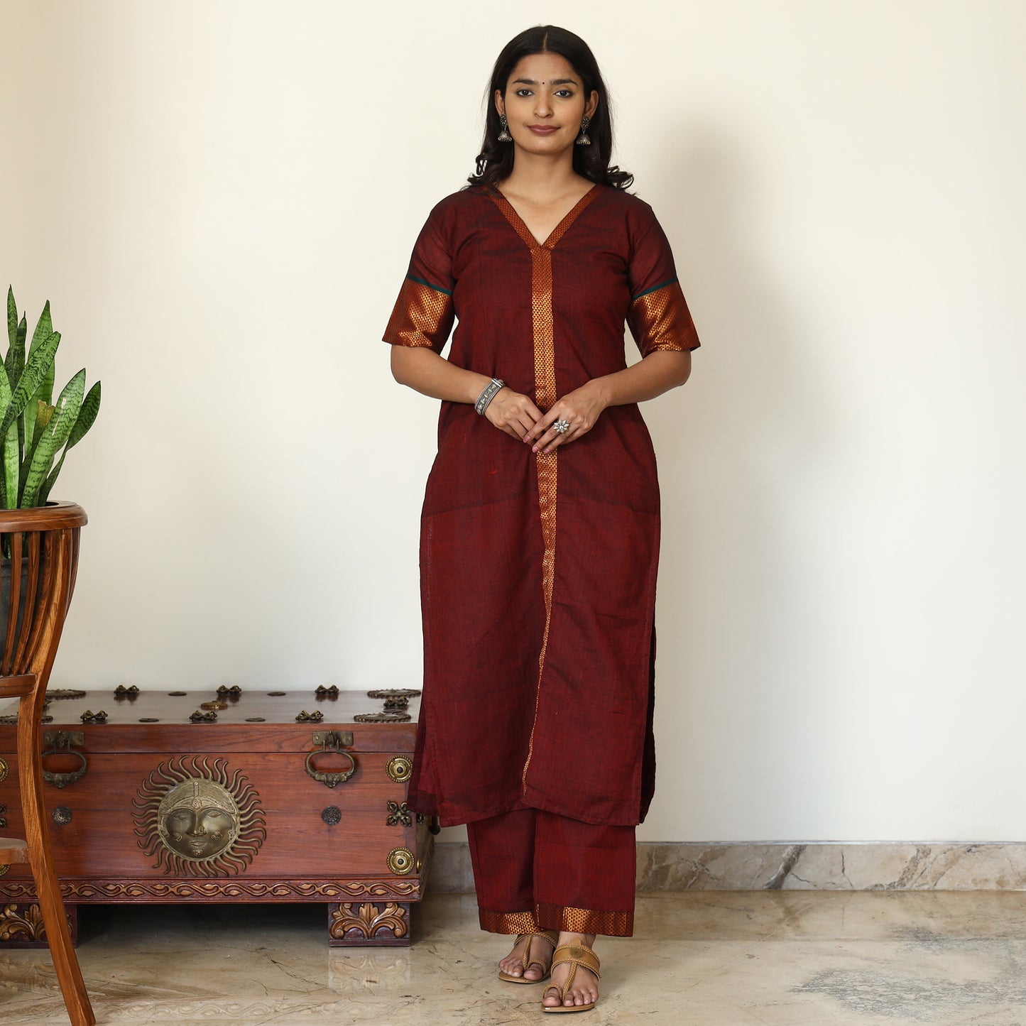 Maroon - Dharwad Cotton Kurta with Palazzo & Dupatta Set 12