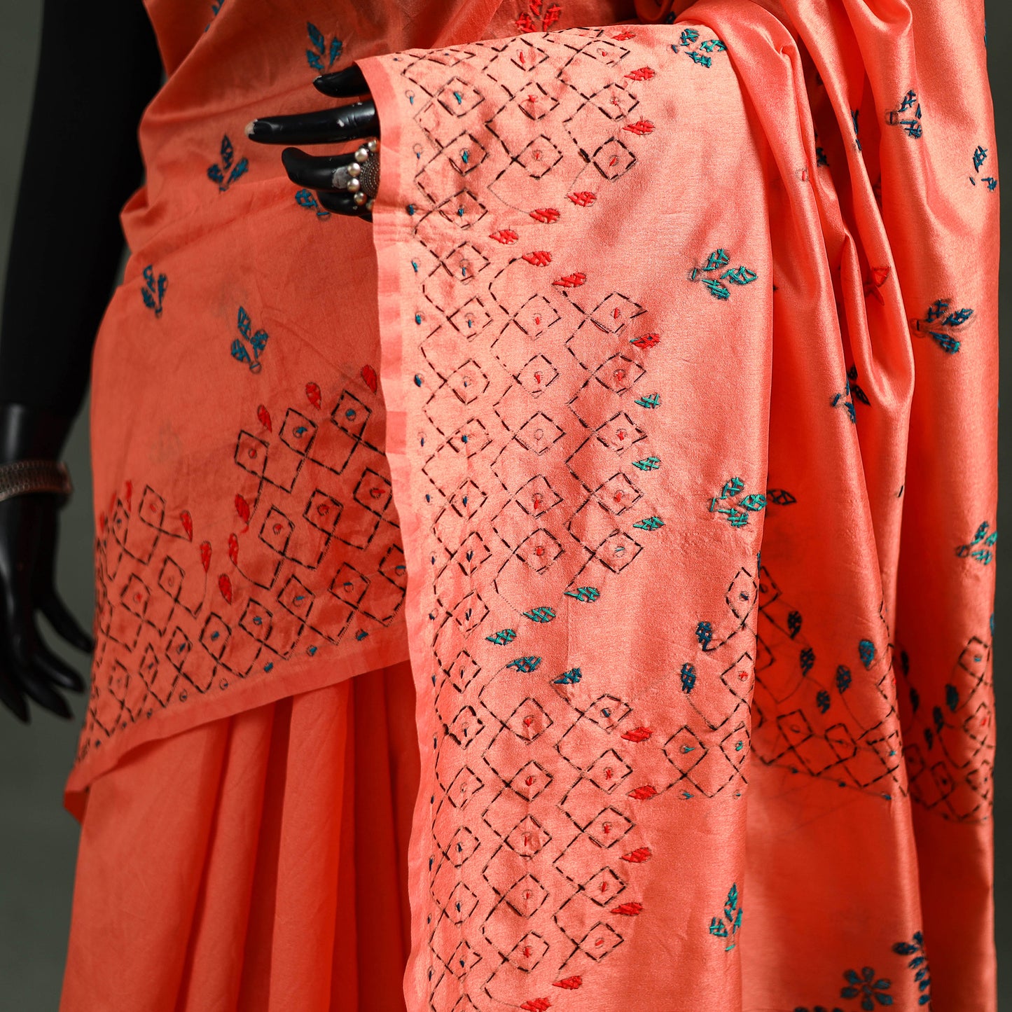 Orange - Bengal Nakshi Kantha Hand Embroidered Silk Saree 45