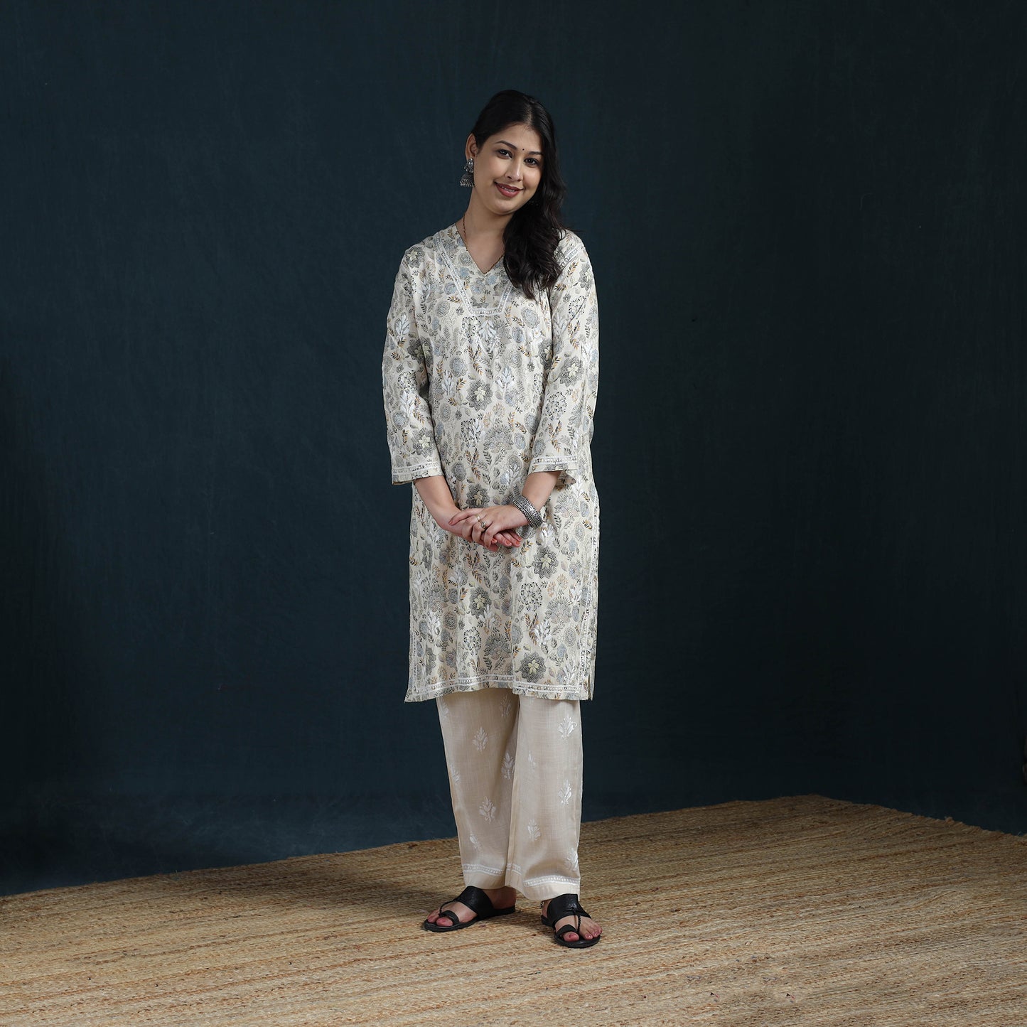 Beige - Hand Embroidered Printed Cotton Chikankari Kurta with Pant Set for Women 29