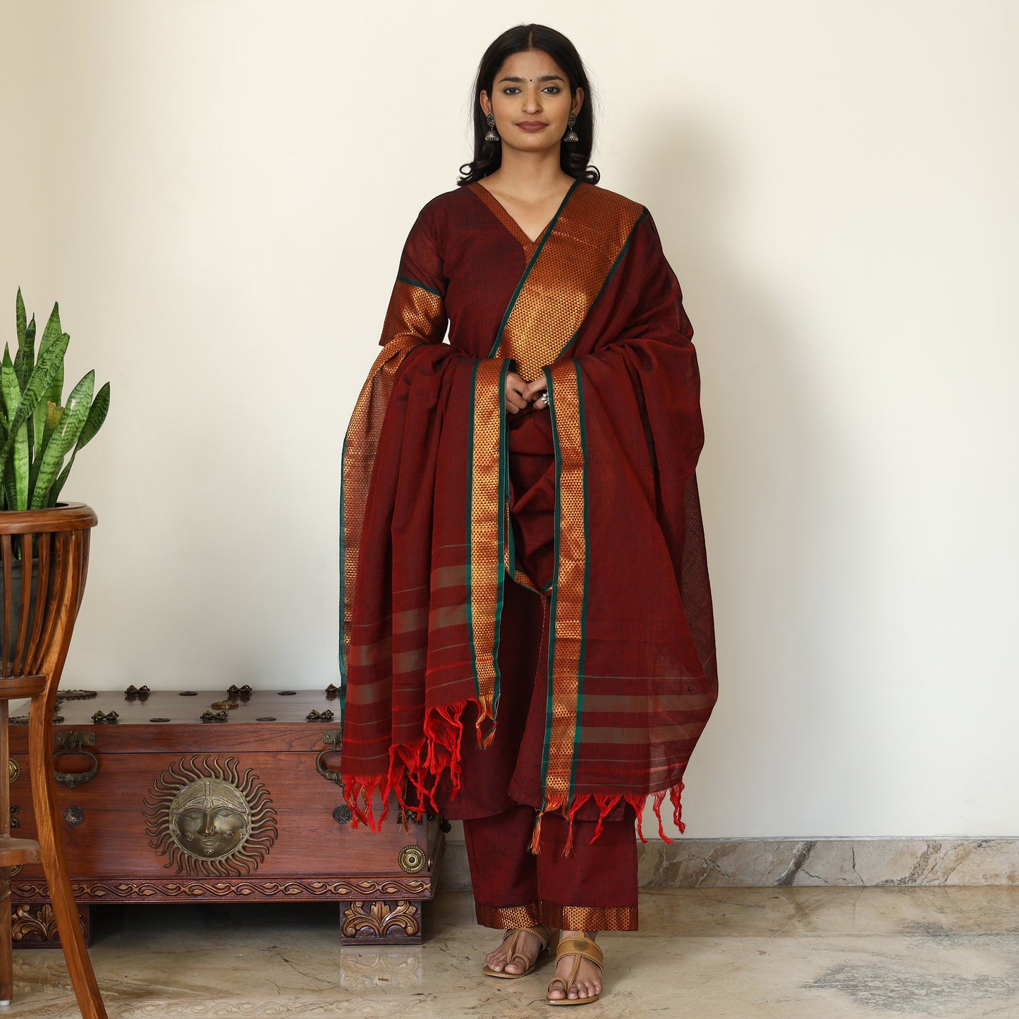 Maroon - Dharwad Cotton Kurta with Palazzo & Dupatta Set 12