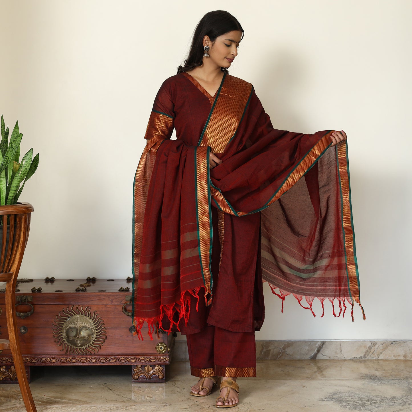 Maroon - Dharwad Cotton Kurta with Palazzo & Dupatta Set 12