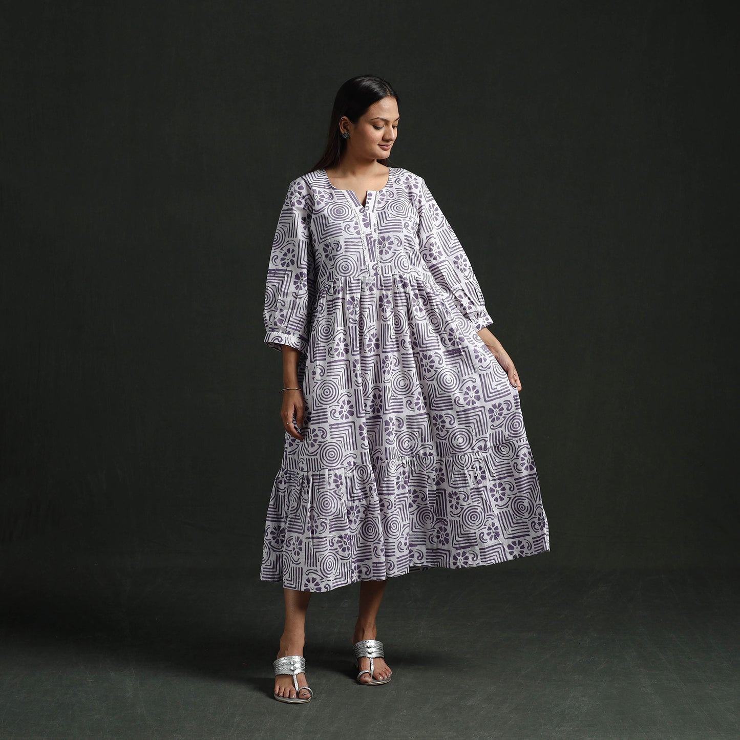 Tiered Flared Lace Work Cotton Hand Block Batik Print Dress 15