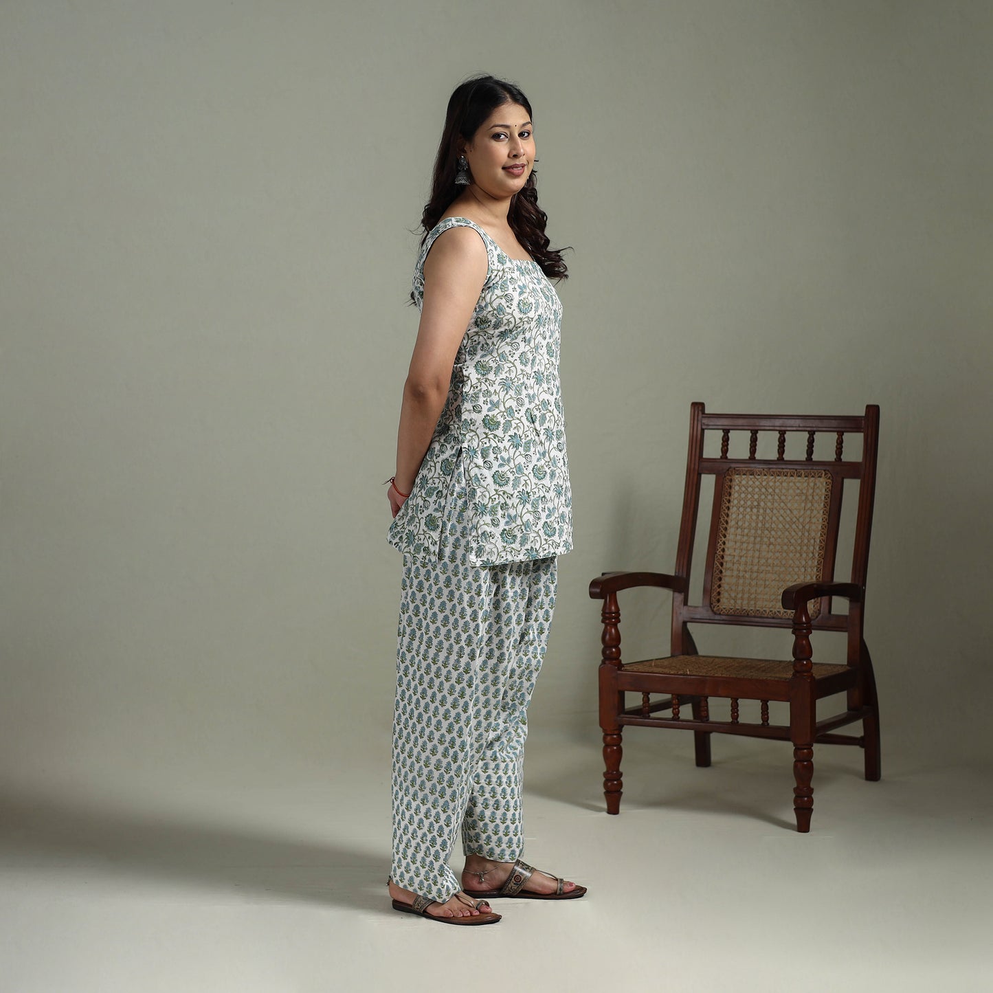 Sanganeri Hand Block Print Cotton Short Kurta with Farshi Salwar Set for women 08