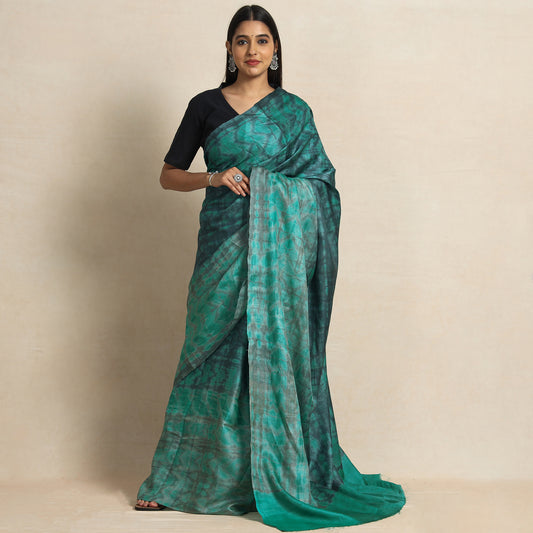 Green - Shibori Tie-Dye Tussar Silk Handloom Saree