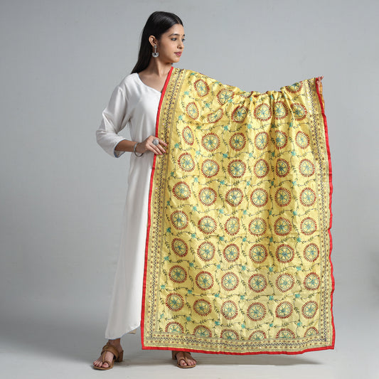 Yellow - Ranihati Chanderi Silk Chapa Work Phulkari Embroidered Dupatta 05