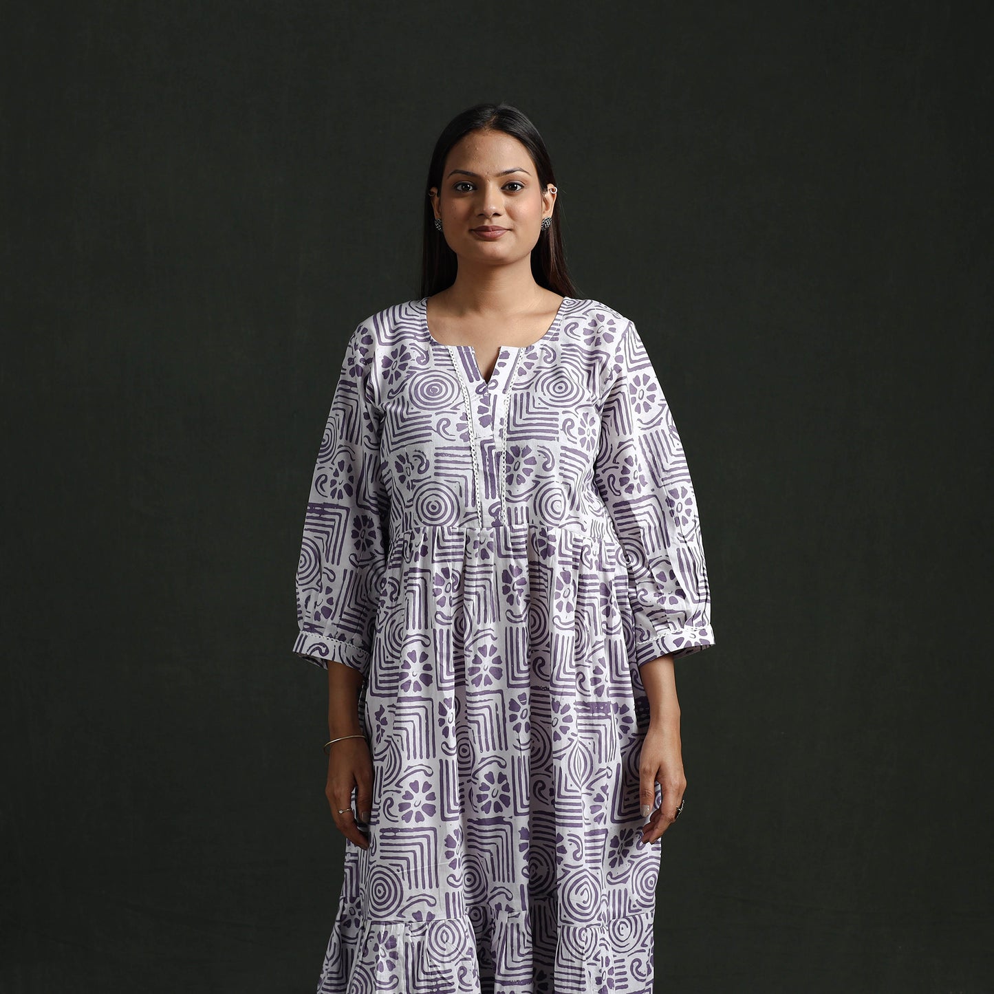 Tiered Flared Lace Work Cotton Hand Block Batik Print Dress 15